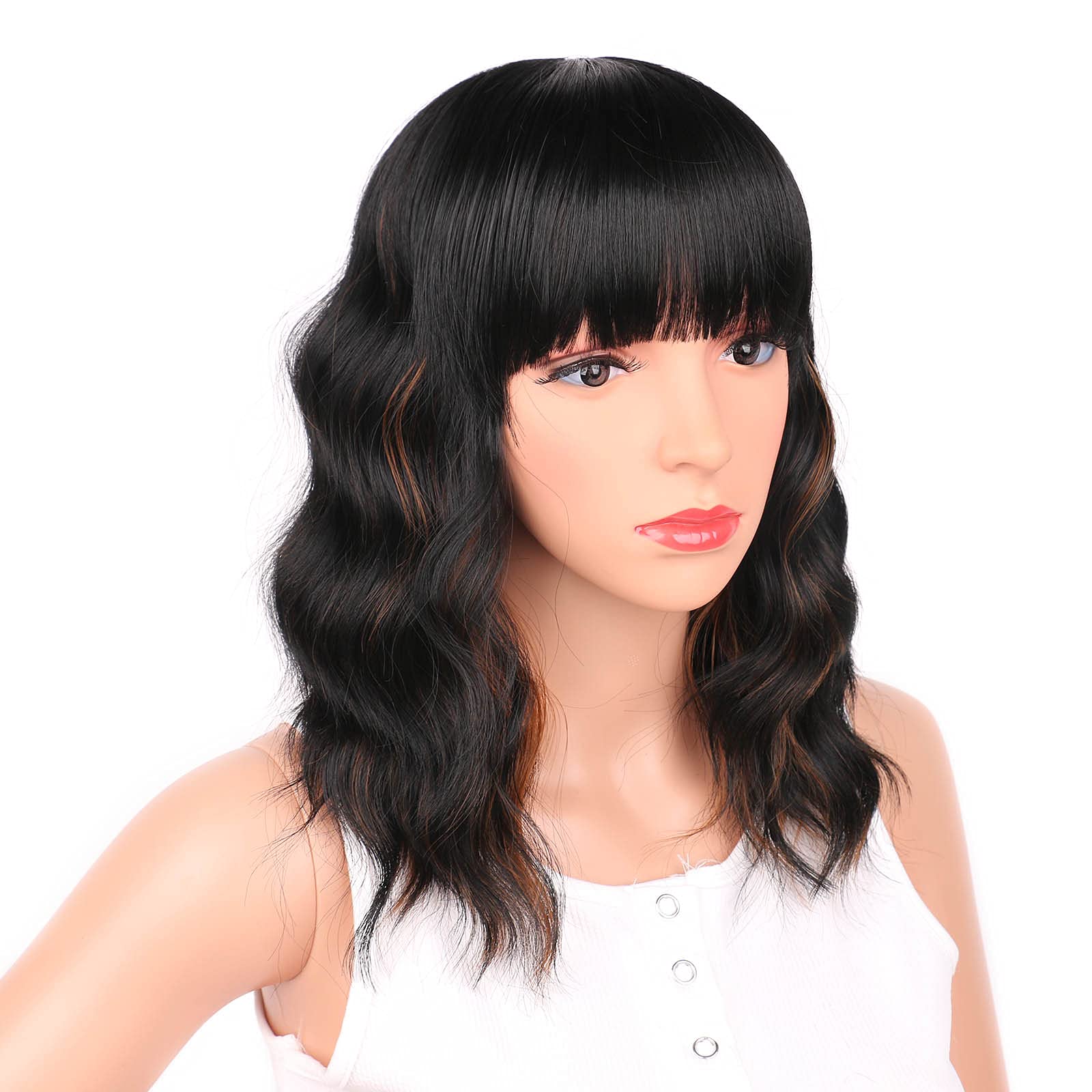 Ucubb Black Mixed Brown Wig for Black Women 14 Inch Short Wavy Hair Wigs Curly Bob Wig with Bangs Wigs Shoulder Length Wigs for Black Women Bob Style Synthetic Heat Resistant