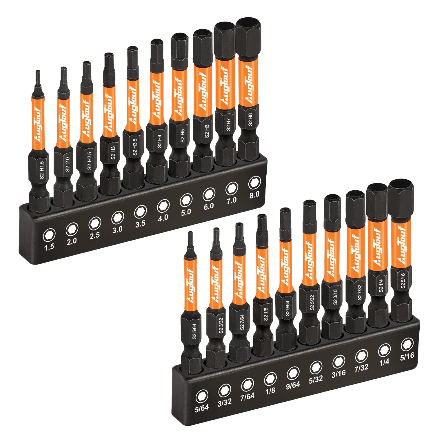 toolant Impact Hex Head Allen Wrench Drill Bit Set 20pcs (Metric&SAE), 1/4" Hex-Shank S2 Steel Hex Bits Set, CNC Machined Tips with Magnetism, 2" Long with Storage Box
