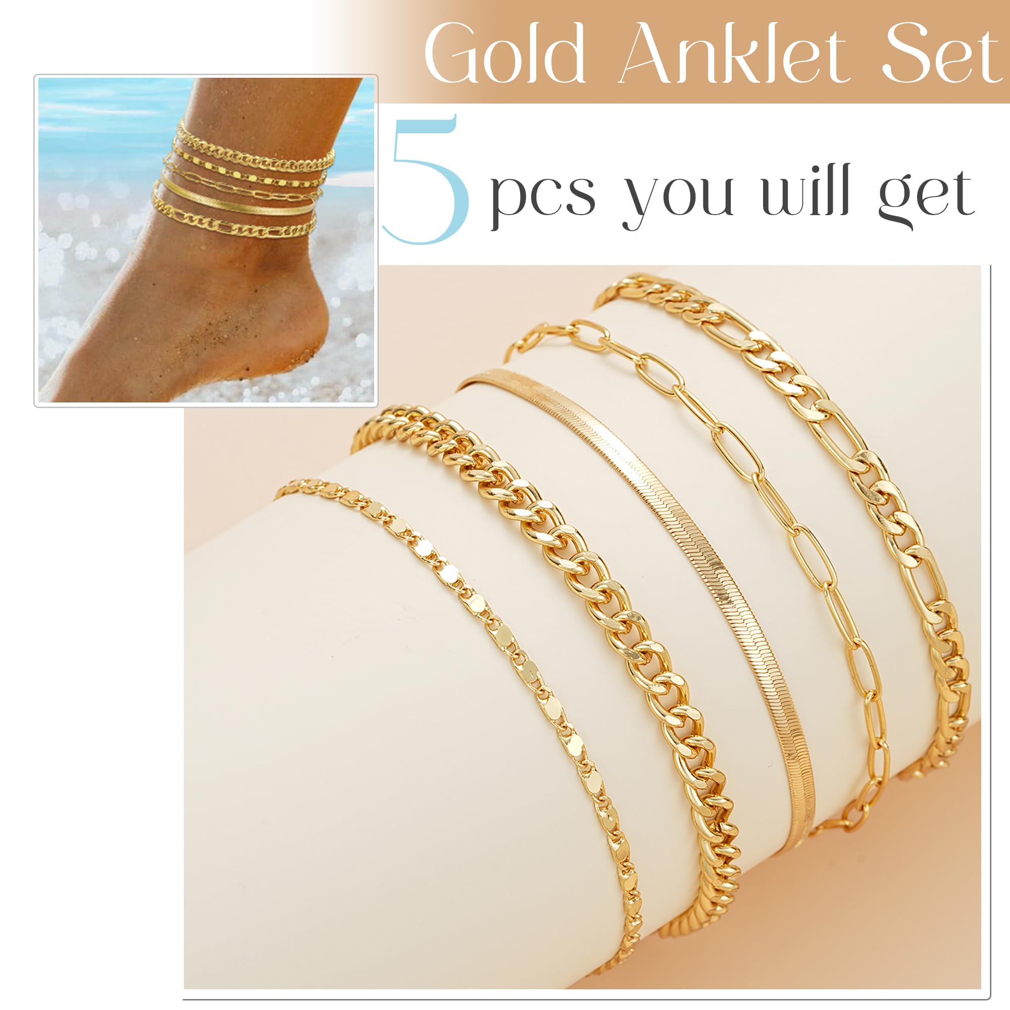 iF YOU Gold Ankle Bracelets for Women, 14k Gold Plated Waterproof Cuban Link Chain Anklets Set, Layered Anklet Bracelets for Women Beach Gift Adjustable Size 5pc