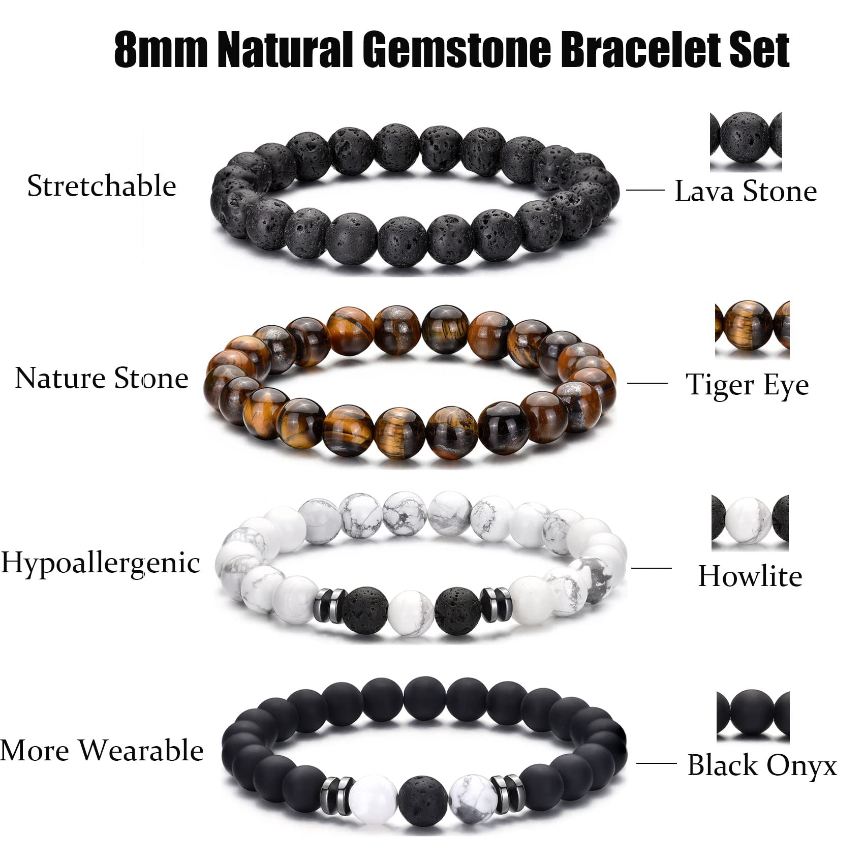 Tiger Eye Bracelet For Men 8MM Natural Stone Beads Bracelet Set Stretch Lava Rock Bracelets Adjustable Black Crystal Beaded Bracelet for Men Women Gifts