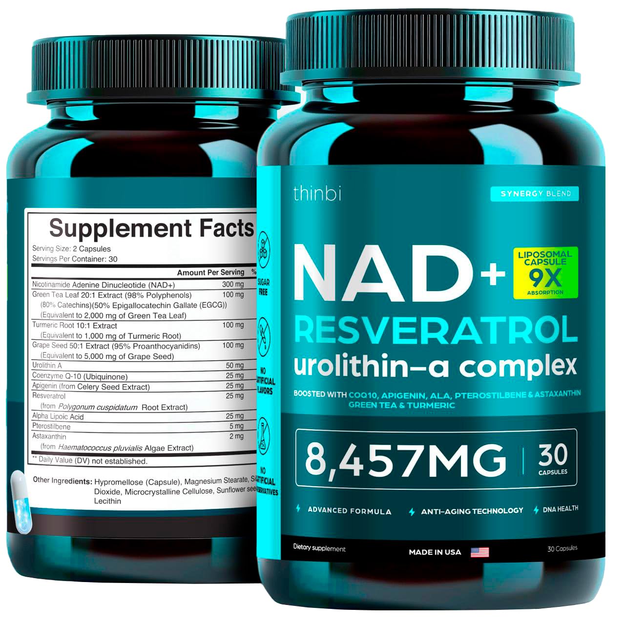 NAD Supplement 8,457 mg Extra Strength Liposomal, Green Tea + Astaxanthin for Women & Men, Resveratrol, CoQ10, Alpha Lipoic Acid