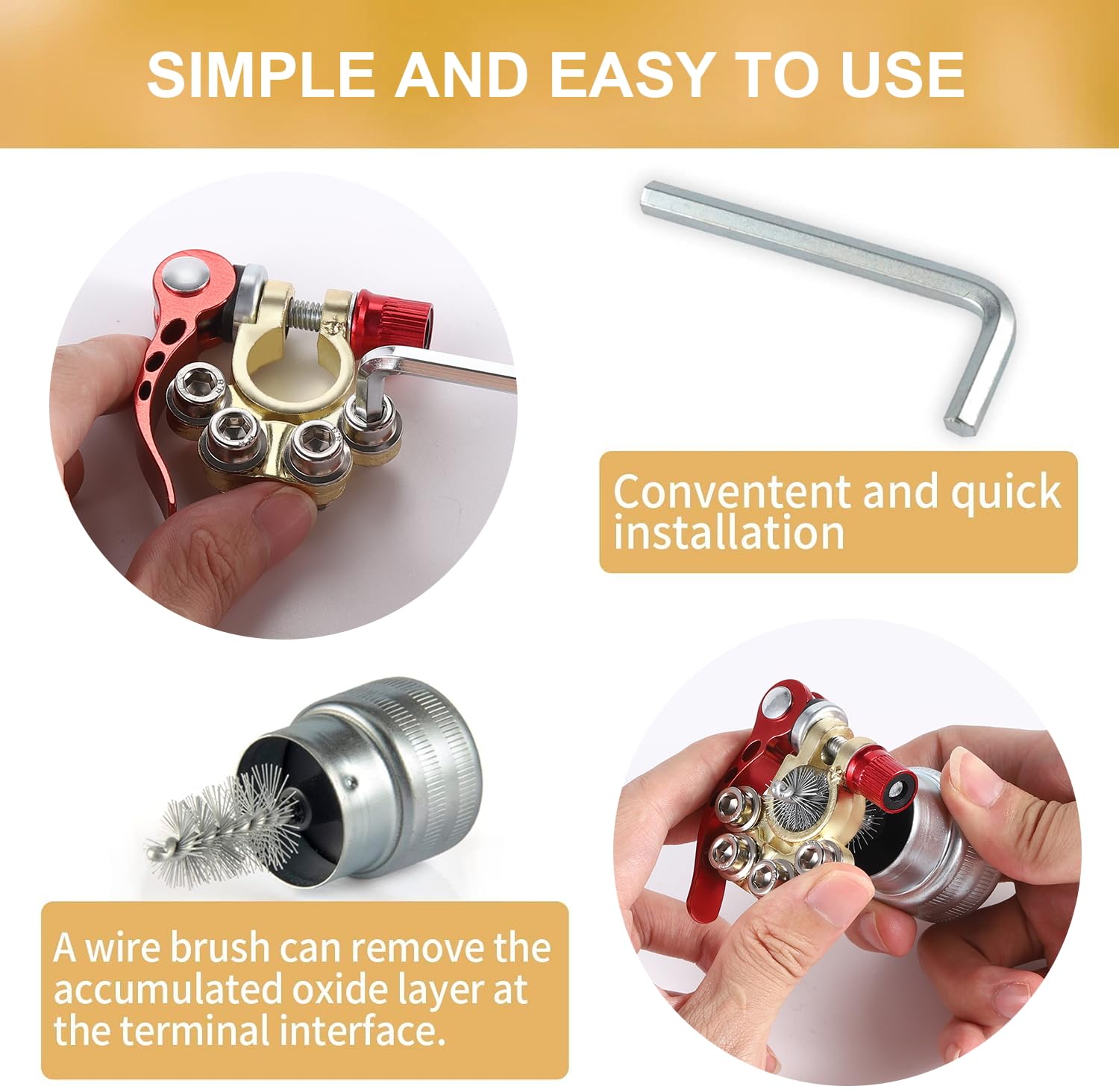SINGARO Car Battery Terminal Connector, 4 Way Positive and Negative Pole Quick Release Terminal Clip, Applicable to SAE/JIS A Type Terminal Post, Compatible with Cars, Trucks and More（Gold-A）