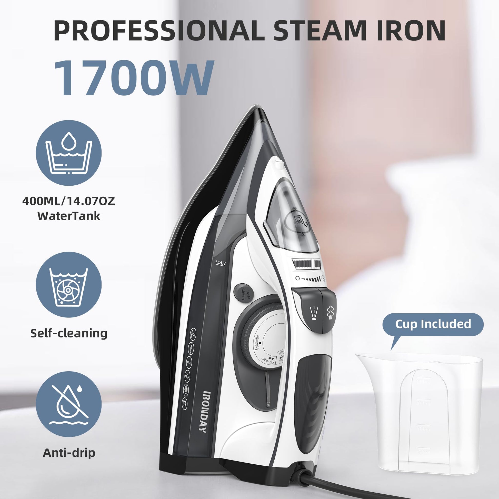 IRONDAY Steam Iron for Clothes Rapid Heating, 1700W Iron with Non-Stick Ceramic Soleplate, 3-Way Auto-Off, Burst of Steam, Self-Cleaning, 14.07oz Water Tank Ironing Clothes for Home, Grey