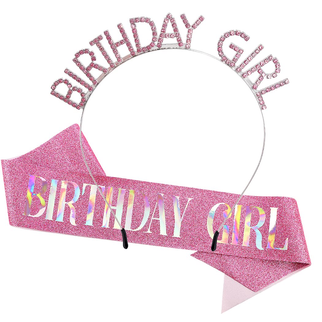 AOPRIE Pink Birthday Sash for Women Girls Happy Birthday Crown Tiara for Women Headband Princess Crown Accessories Decorations