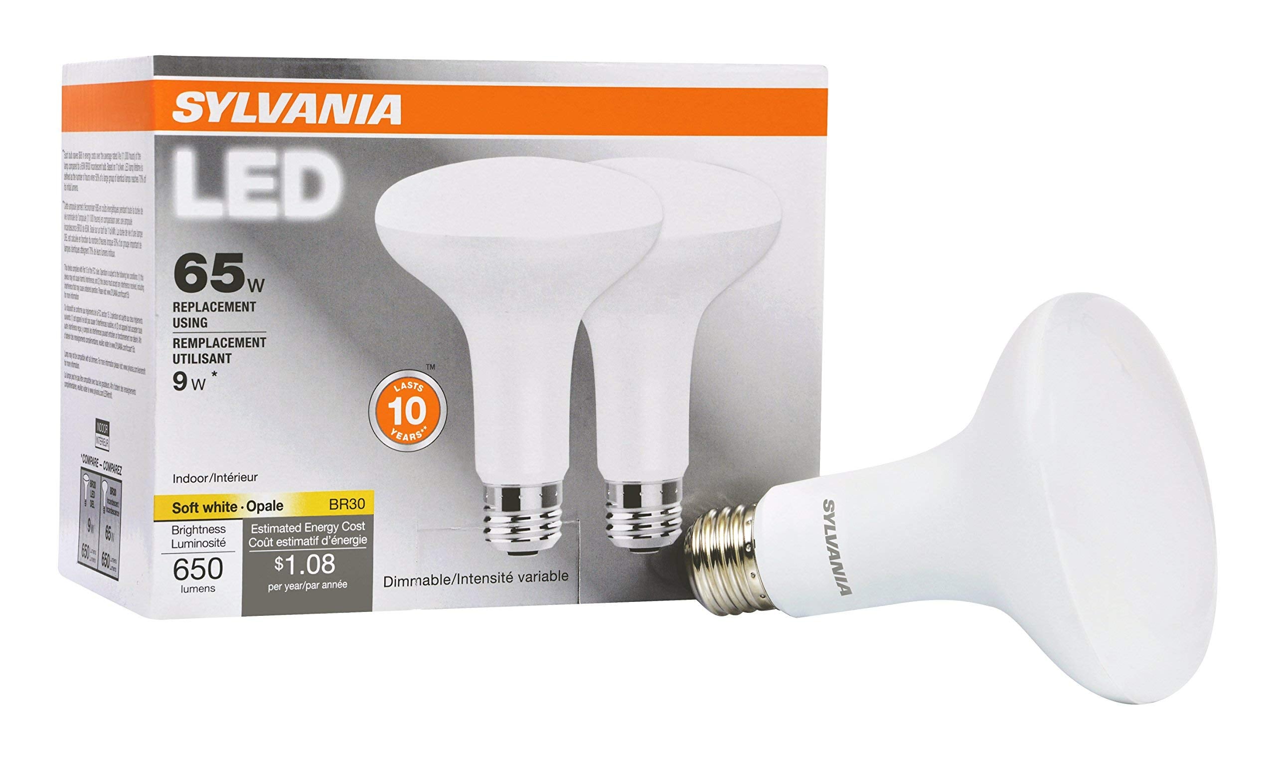 SYLVANIA LED Flood BR30 Light Bulb, 65W Equivalent Efficient 9W, 10 Year, 650 Lumens, Dimmable, 2700K, Soft White - 2 pack (73954)