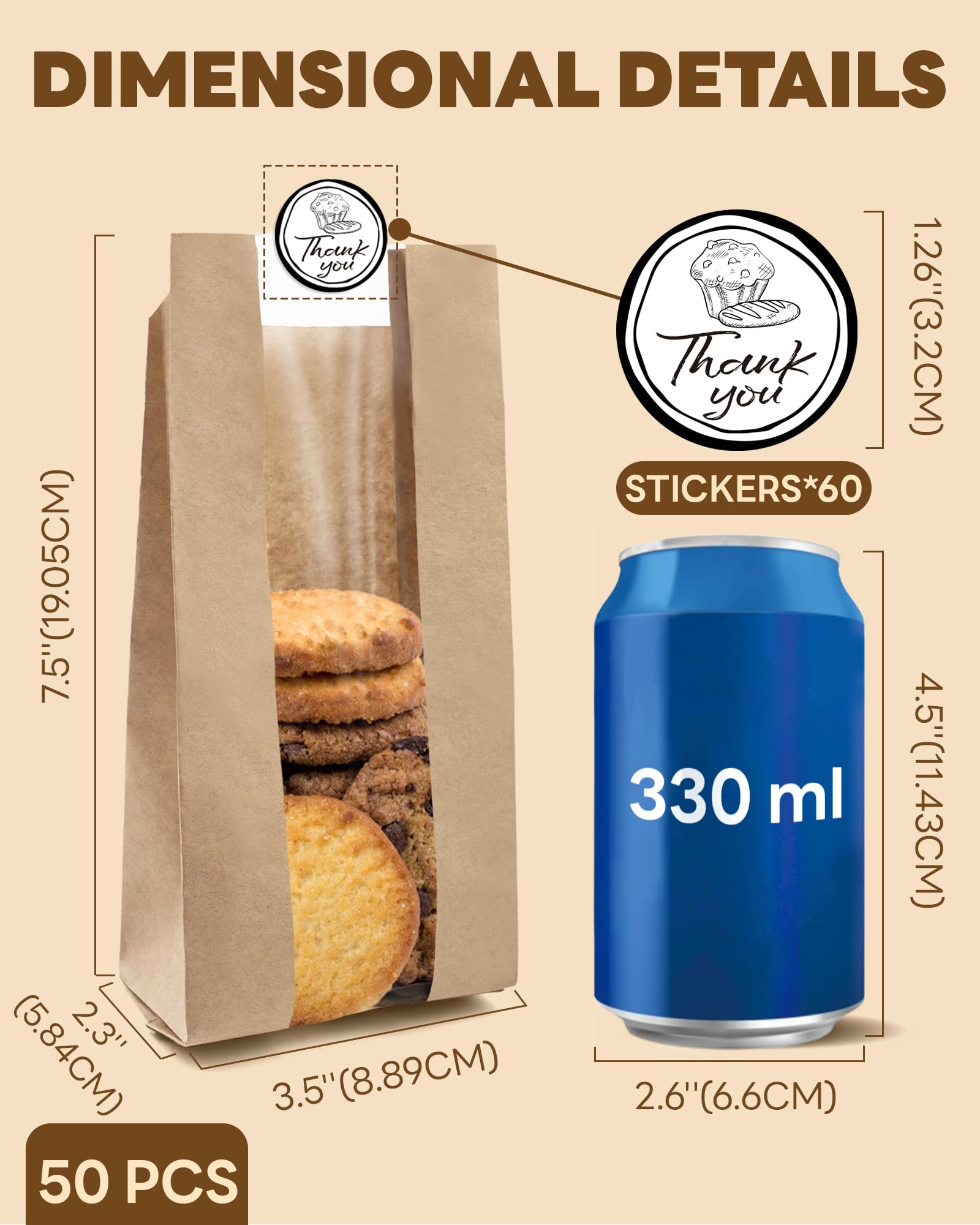 50 PCS Cookie Bags with Seal, Kraft Brown Paper Bags with Stickers, Bakery Bag for Snack, Cupcake, Coffee Bean, Party Favor, Cookie Packaging, 3.5"x 2.3"x7.5"