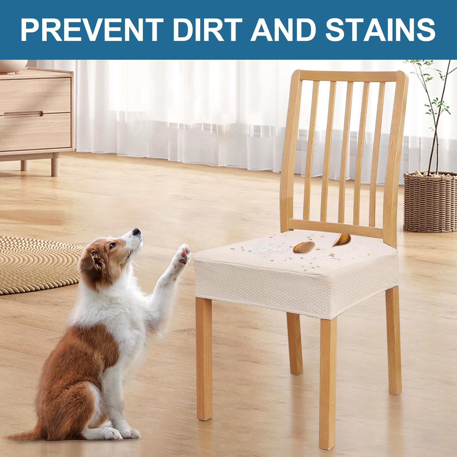 Smiry Waterproof Seat Covers for Dining Room Chairs Set of 4, Stretch Jacquard Removable Washable Chair Seat Slipcovers Protector, No Rear Covers, Beige