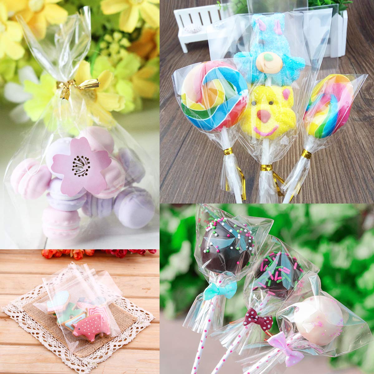 Cake Pop Bags, Augshy 300 Pcs Cellophane Treat Bags 3x5 with 300 Twist Ties 1.4 mils Thickness OPP Plastic Bags for Lollipop Candy Chocolate Cookie Wrapping Buffet