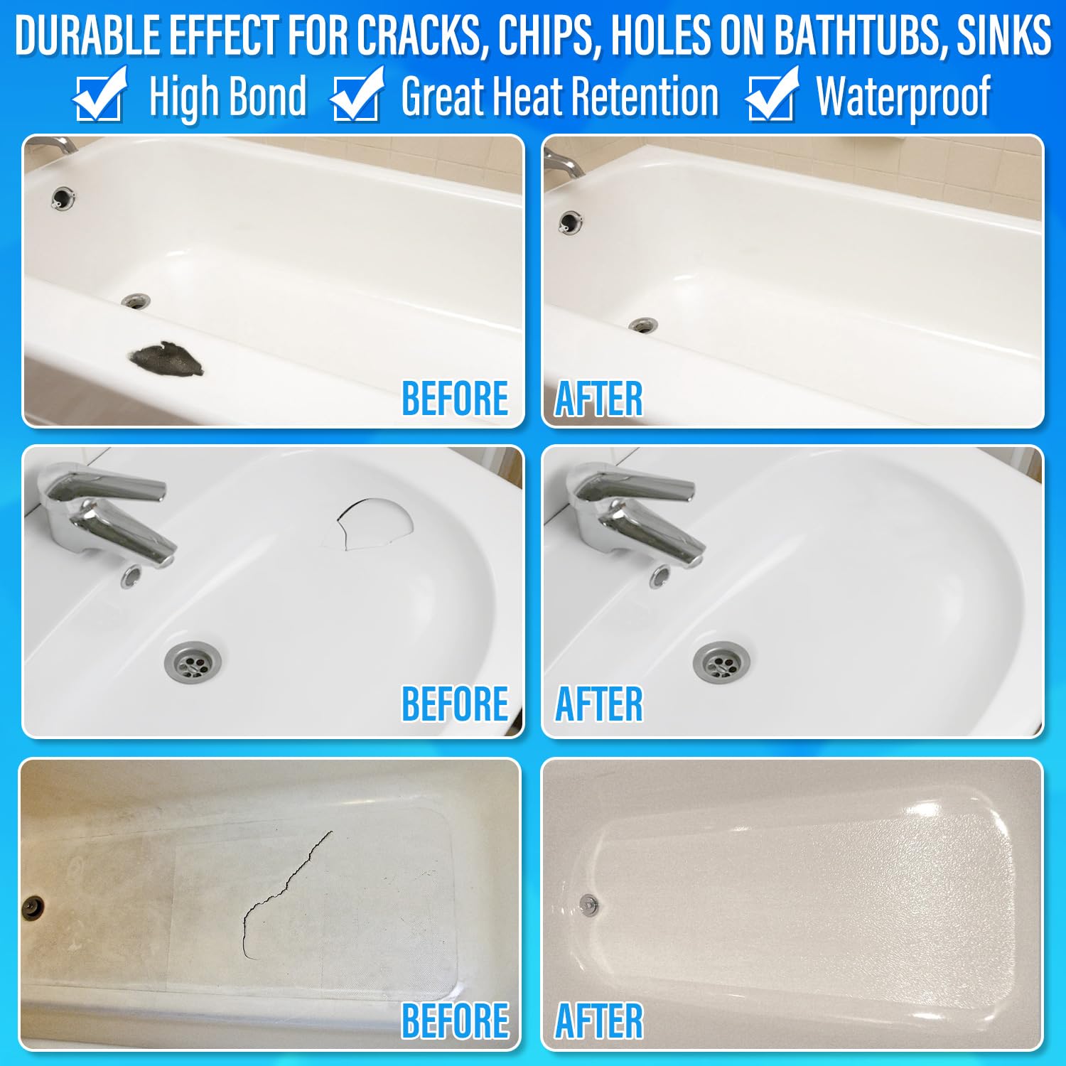 Tub Repair Kit White, Tub Chip and Bathtub Repair Kit for Enamel, Fiberglass, Acrylic, Porcelain, Patch and Repairs Chips, Crack, Scratches, Rust, Holes on Tubs, Toilet, Sink, Shower, Tray in Bathroom