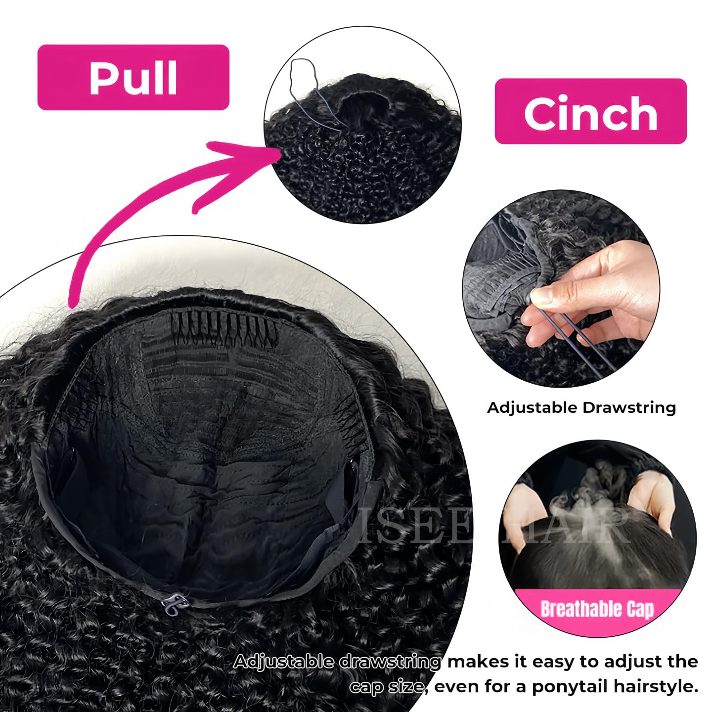 ISEE Half Wig Human Hair Glueless Wigs Upgrade 3 IN 1 Half Wig With Drawstring Seamless Clip Ins Flip Over Kinky Curly Human Hair No Glue No Lace For Women 180% Density 18 Inch