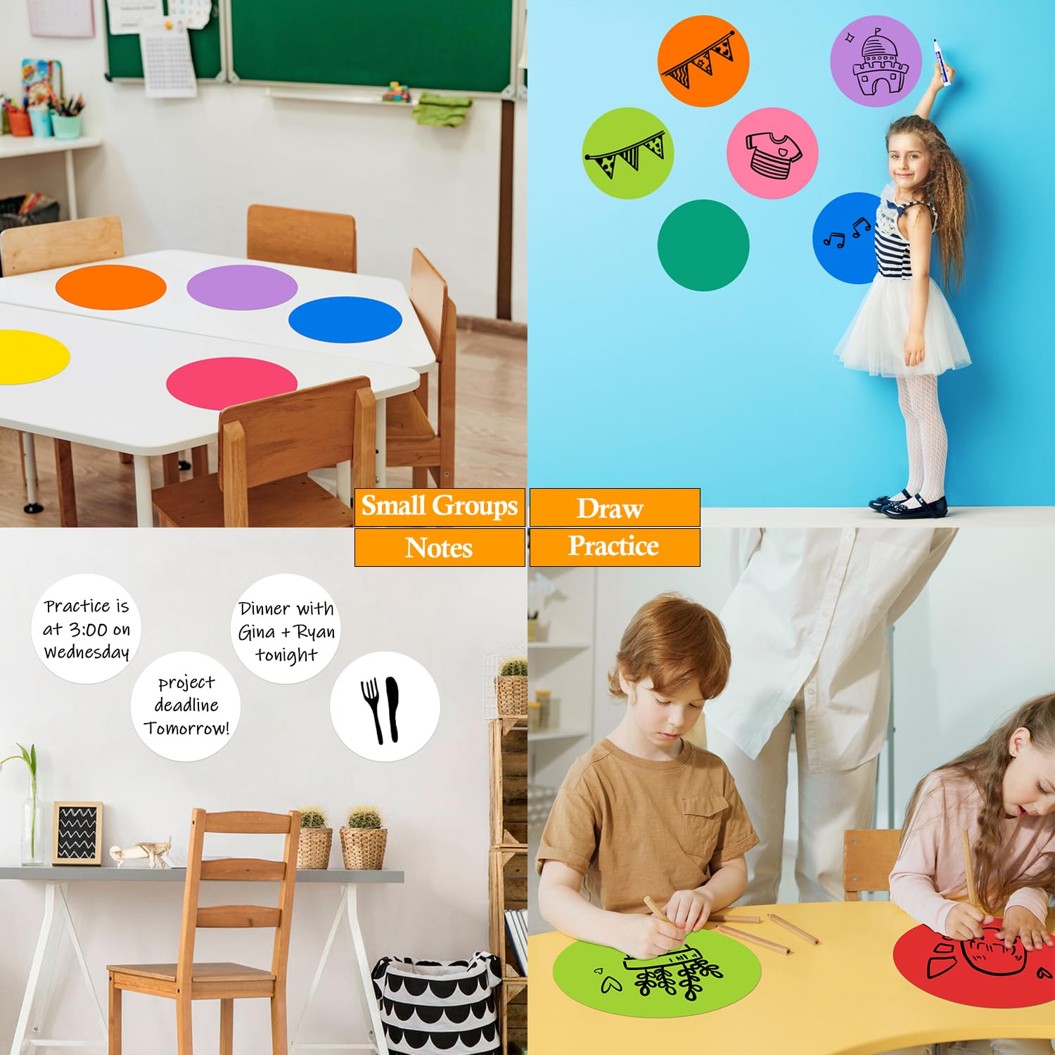 Colorful Dry Erase Dots Circles Whiteboard Marker Removable Stickers Spots Wall Decals for School Classroom Teachers Students Table & Desk, 8 Pack