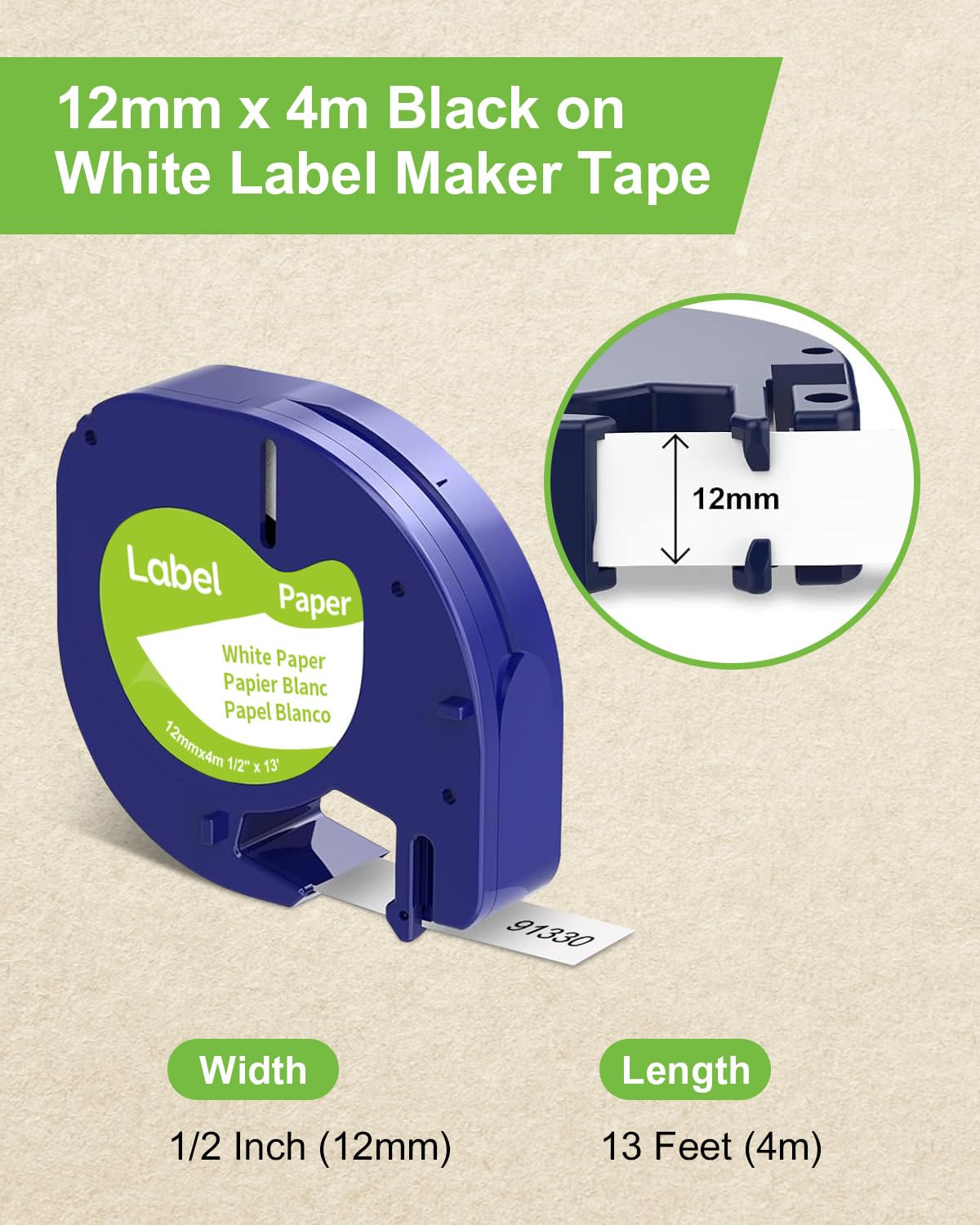 6-Pack Paper White Tape Replace for DYMO Label Maker Refills 91330, Compatible with Dymo Letratag Refills 1/2 x 13 Paper Label for Dymo LetraTag LT-100T LT-100H