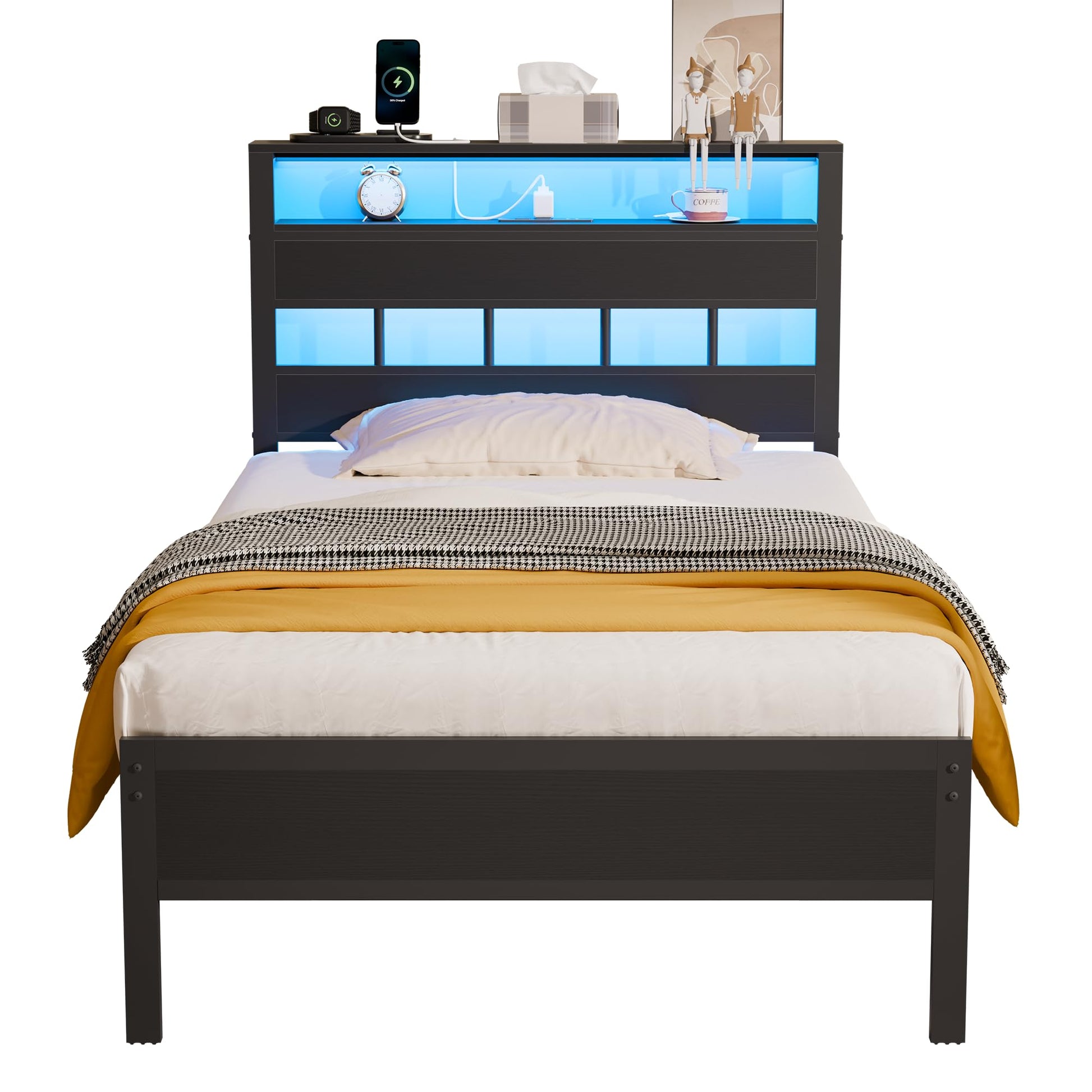 Furnulem Twin Bed Frames with Charging Station and LED Lights, Twin Size Platform Bed with Metal Slats, Wood Headboard with 2-Tier Storage Shelves, No Box Spring Needed, Black Oak