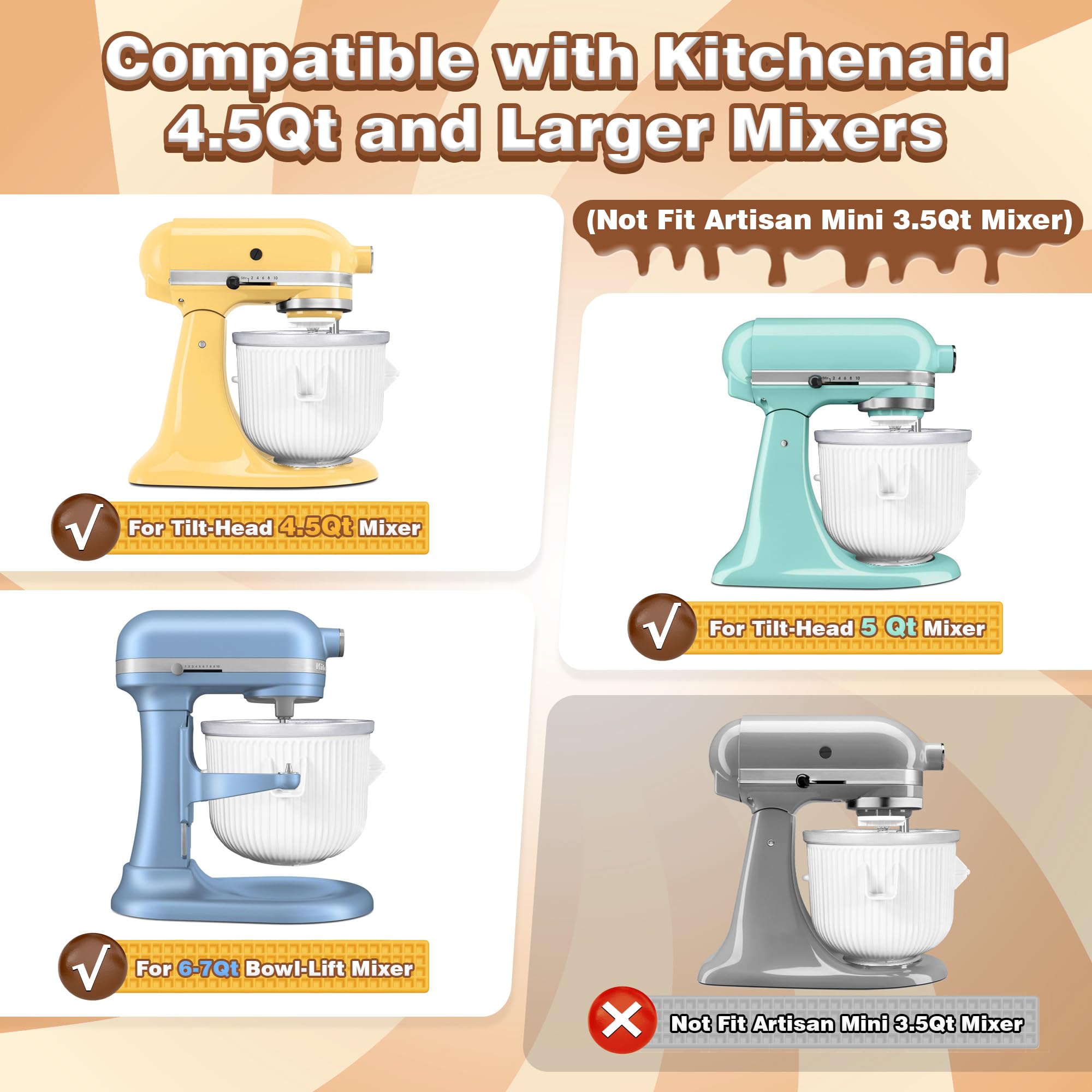 Ice Cream Maker Attachment for KitchenAid Stand Mixer, Compatible with KitchenAid 4.5/5QT/6QT accessories and attachments, 2 Quart for kitchenaid mixer attachments Frozen Yogurt/Gelato Maker