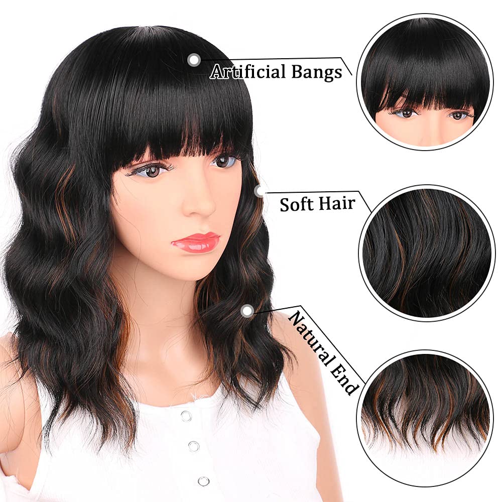 Ucubb Black Mixed Brown Wig for Black Women 14 Inch Short Wavy Hair Wigs Curly Bob Wig with Bangs Wigs Shoulder Length Wigs for Black Women Bob Style Synthetic Heat Resistant