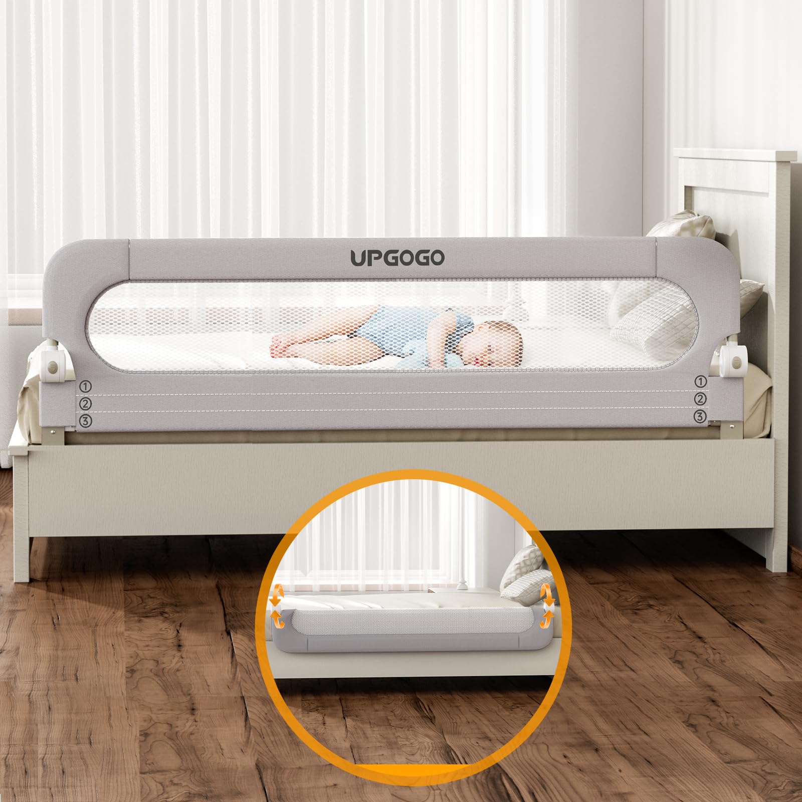 UPGOGO Klappbares Bettgitter für Kleinkinder, Baby-Bettgitter mit verstärktem Anker-Sicherheitssystem, passend für Etagenbetten, Doppel-, Queen-, King- und Einzelbetten (Grau, 71"x23.6")