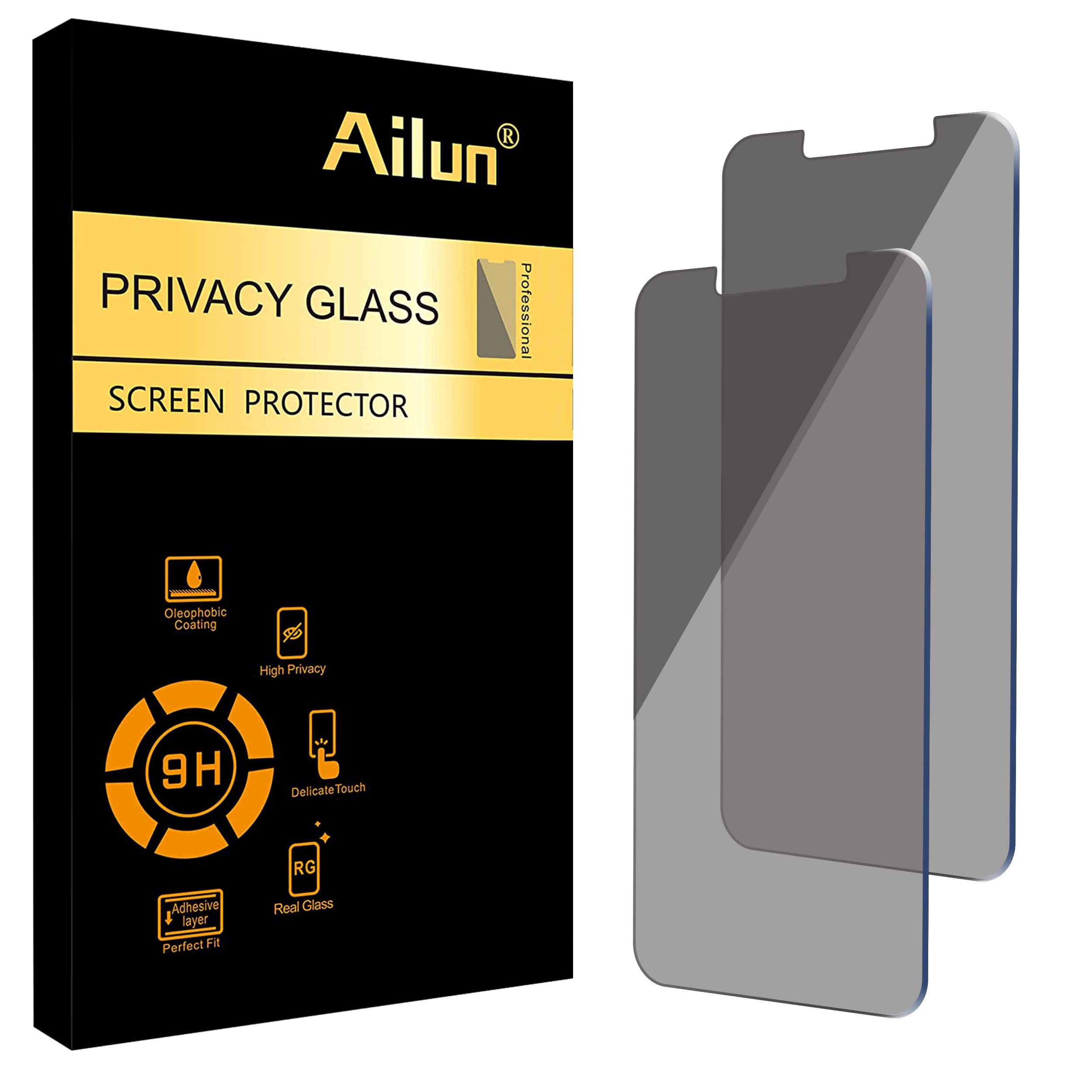 واقي شاشة Ailun للخصوصية لهاتف iPhone 16e / iPhone 14 / iPhone 13 / iPhone 13 Pro [6.1 بوصة] عبوة من قطعتين من الزجاج المقوى المضاد للتجسس والخصوصية والمضاد للخدش ومتوافق مع الحافظات [ليس لهاتف iPhone 16 6.1 بوصة]