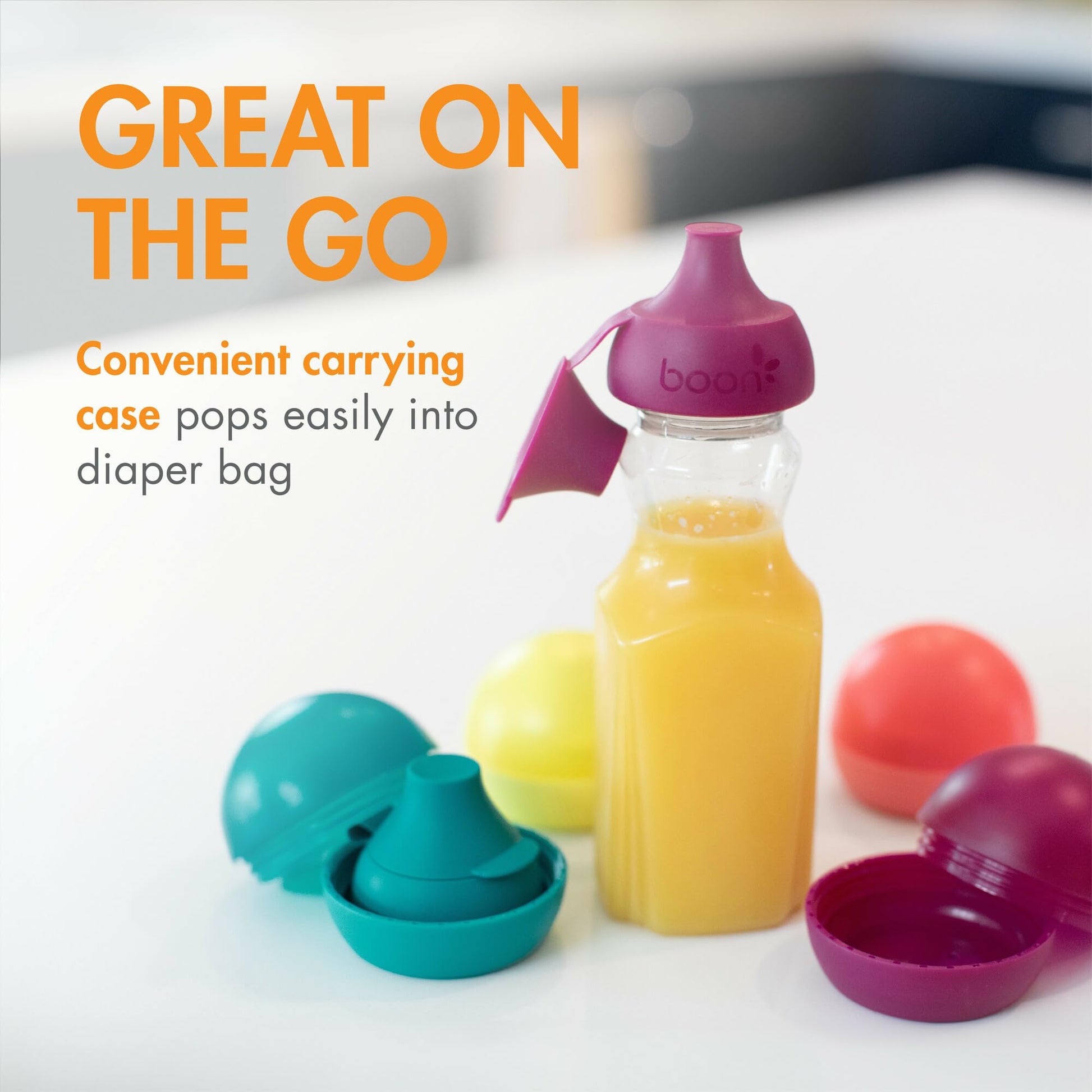Boon Snug Sip Universal Water and Juice Silicone Bottle Toppers - Soft Spout Conversion Caps with Spill Proof Valves - Silicone Bottle Covers for Travel - Includes 4 Toppers and 4 Cases