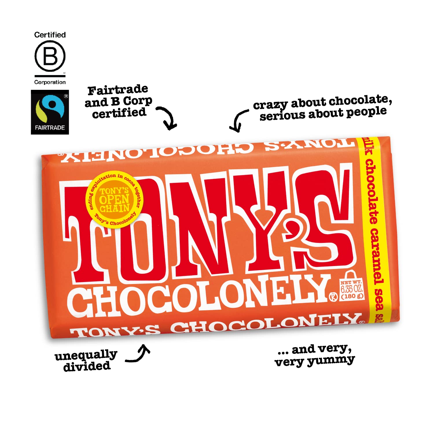 Tony’s Chocolonely Belgian Milk Chocolate Candy Bar With Caramel & Sea Salt for Snacks, Chocolate Bar for Party Favors, Gifts, or Gift Basket, 32% Cacao, Made From Quality Fairtrade Cocoa, 6.35 Oz