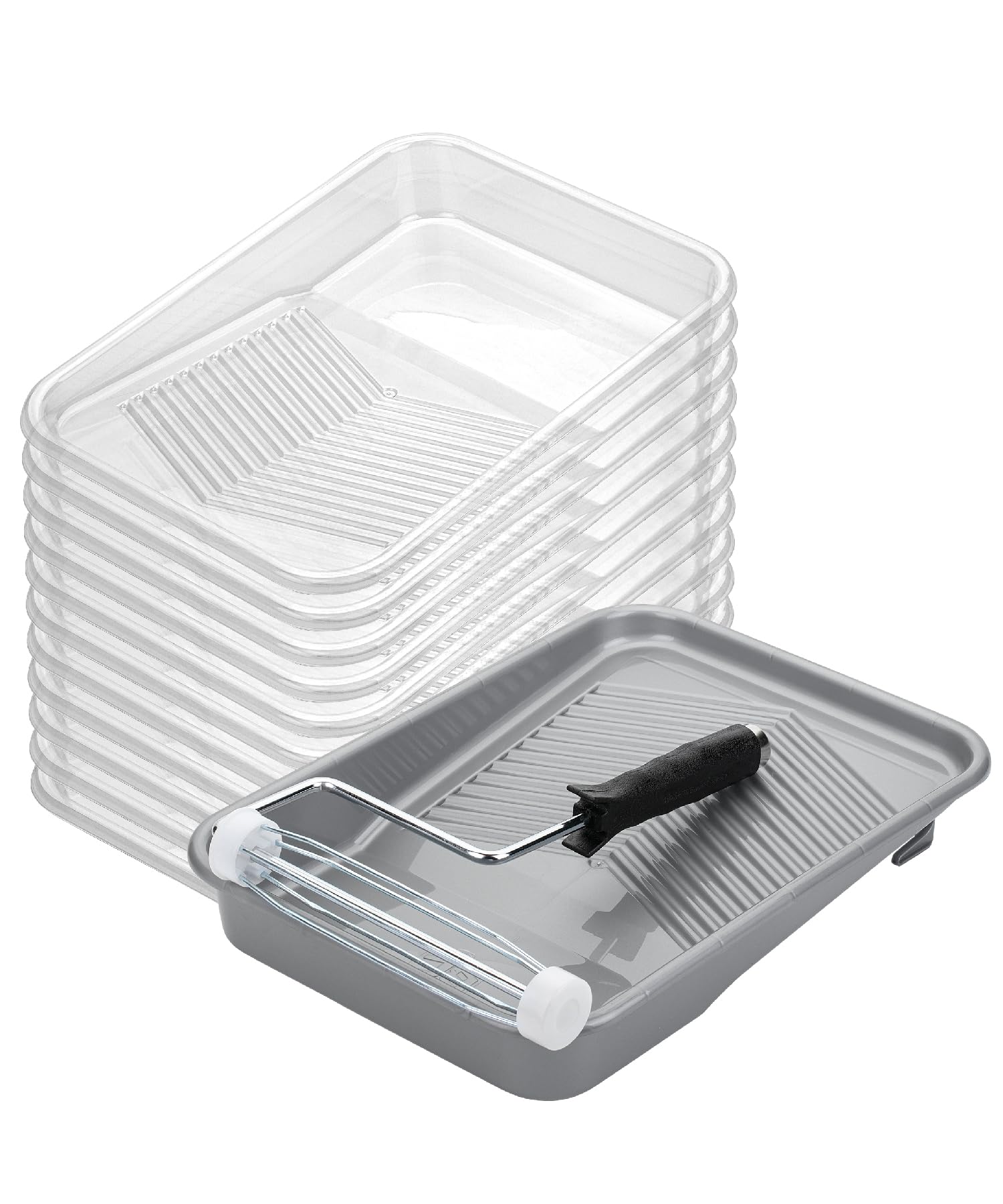 Bates- Paint Tray Set, 9-Inch, 12 pcs, Plastic Paint Tray with 10 Tray Liner, Textured Deep Capacity Disposable Paint Tray with Wire Roller Frame, Paint Pan Liners, Transparent Paint Pans Trays