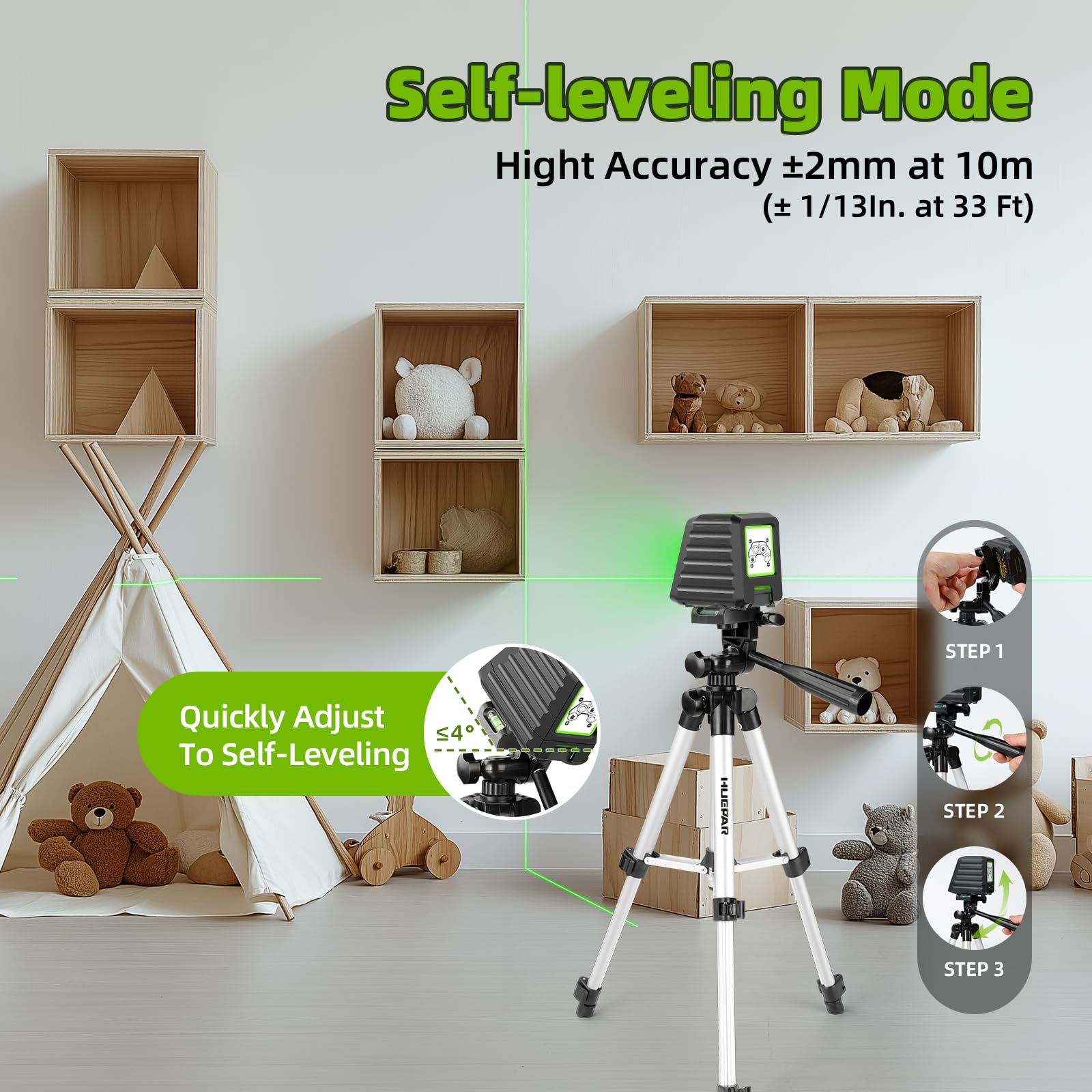 Laser Level with Tripod, Huepar 150Ft Self Leveling Lazer Level Outdoor Use, 150° Vertical Green Cross Line Level Laser for Picture Hanging, Tile, Construction Project - Pulse Mode (25.6 in Tripod)