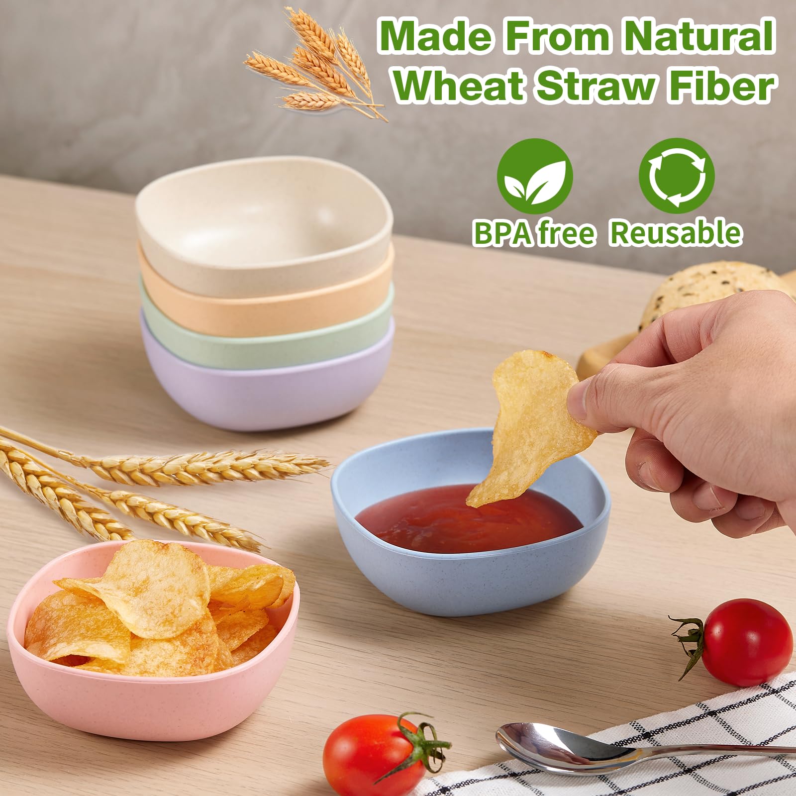 Hlukana 6 Pack Wheat Straw Soy Sauce Dishes, 4.5 OZ Small Dessert Bowls, Unbreakable Dipping Bowl, Pinch Bowls Set, Dipping Sauce Cups, Mini Prep Bowls, Dip Bowls for Side Dish, Ketchup, Soy, BBQ