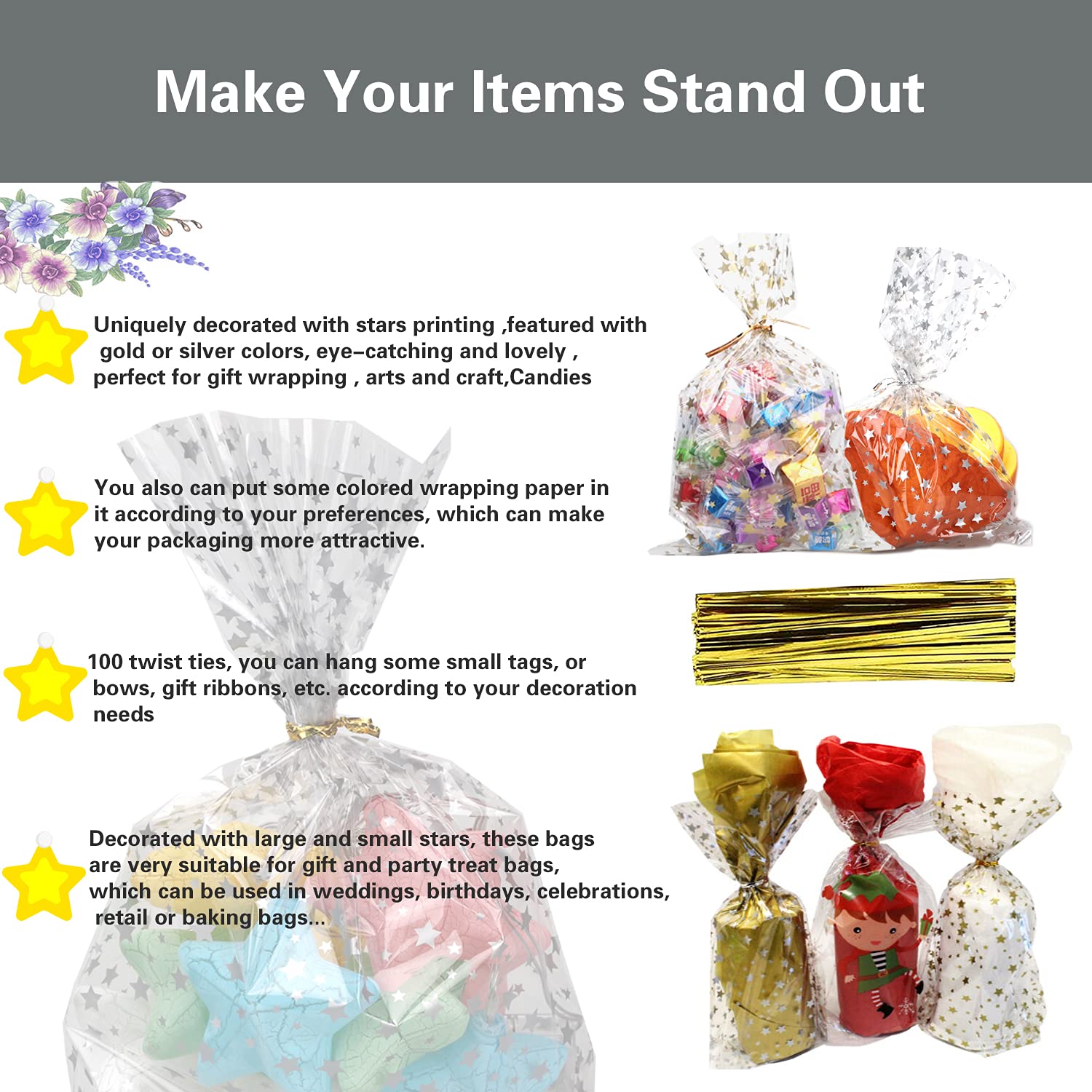 COQOFA 100 Pcs Star Printed 5"X 7" Gift Wrap Cello Cellophane Treat Bags Party Favor bags Clear Candy Cookie Bag Plastic Poly Goodie Storage Bag with Twist Ties for Bakery,Birthday, Wedding ,Party Decorations (Gold)