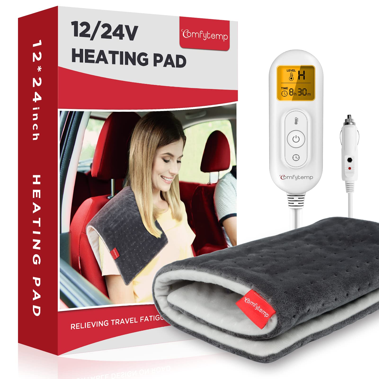 بطانية Comfytemp الكهربائية للسيارة 12 فولت/24 فولت لتخفيف آلام الظهر، 4 إعدادات للحرارة، إيقاف تلقائي لمدة 11 ساعة، بطانية سفر صغيرة محمولة لتخفيف آلام الظهر والرقبة والأكتاف والتشنجات، 12 × 24 بوصة قابلة للغسل