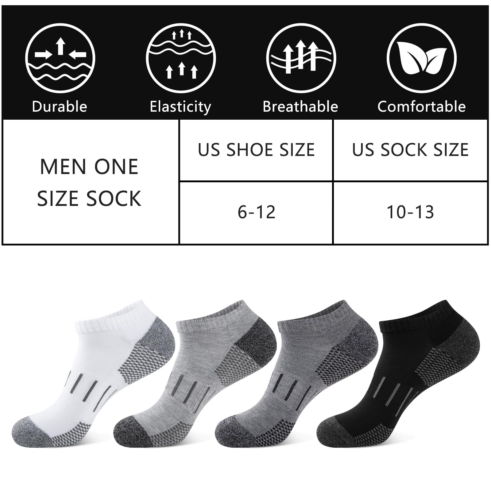 Heatuff Mens Athletic Ankle Socks Moisture Wicking Cushion Running Low Cut Sock 6 Pack