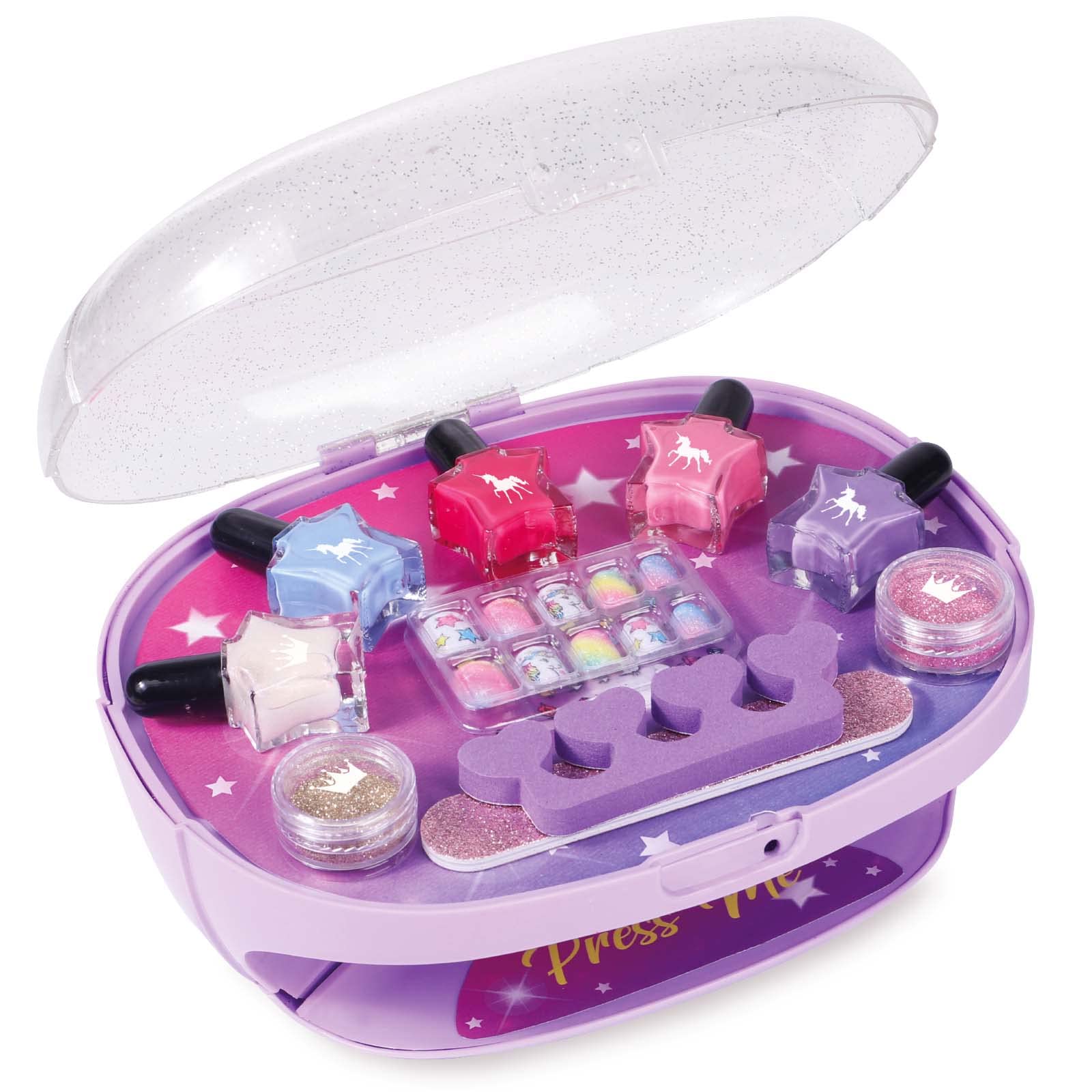 Golray Kids Nail Polish Set for Girls, All-in-One Nail Art Kit - Dryer/ Glitter Powder/ False Nails/ Nail Decals/ Toe Separator/File, Age 3-12 Little Girl Gift Toys