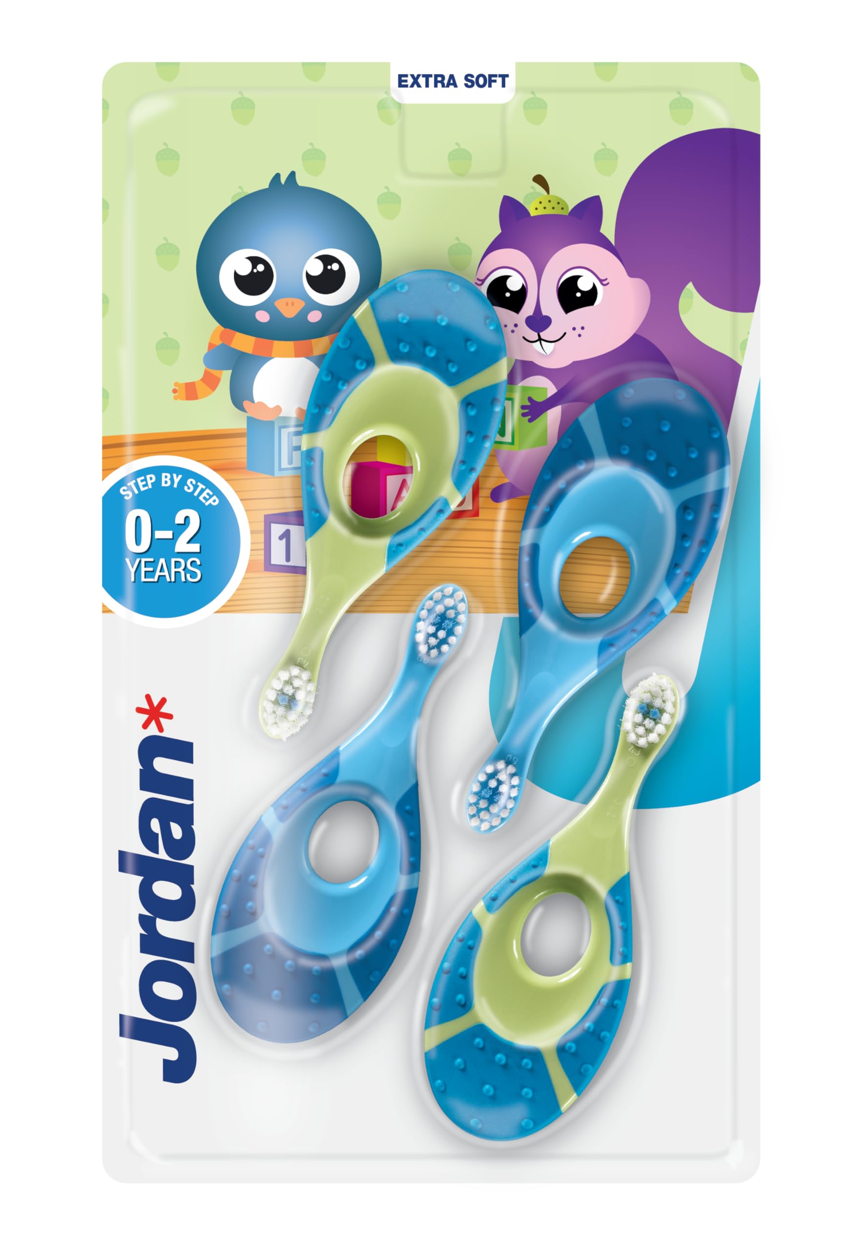 Jordan* | Step 1 Baby Toothbrush | 0-2 Years, Soft Bristles, BPA Free | Green & Blue | 4 Pack