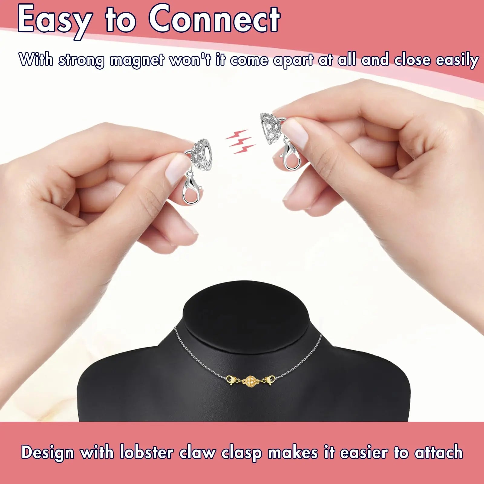 Magnetic Necklace Clasps and Closures with Lobster Clasp, 14K Gold & Silver Magnetic Jewelry Extender for Necklaces & Bracelets, Easy-to-Use for Jewelry Closures (12Pcs | Ball)