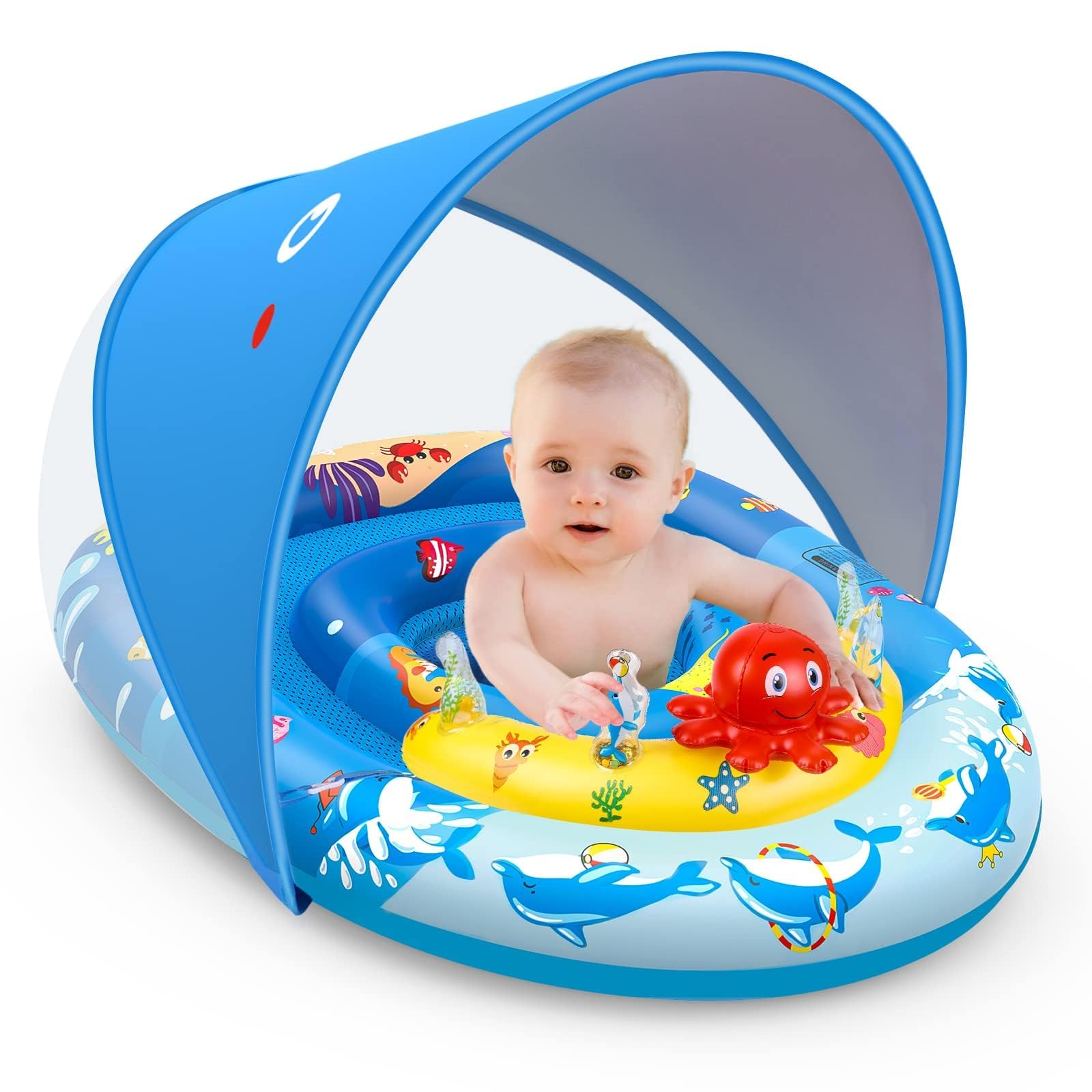 EZIGO Baby Pool Float with Canopy UPF50+ Sun Protection, Inflatable Kids Pool Floats with Ocean Animal Toys for Babies 6-36 Months, Infant Swimming Float with Adjustable Safety Seat for Boys Girls