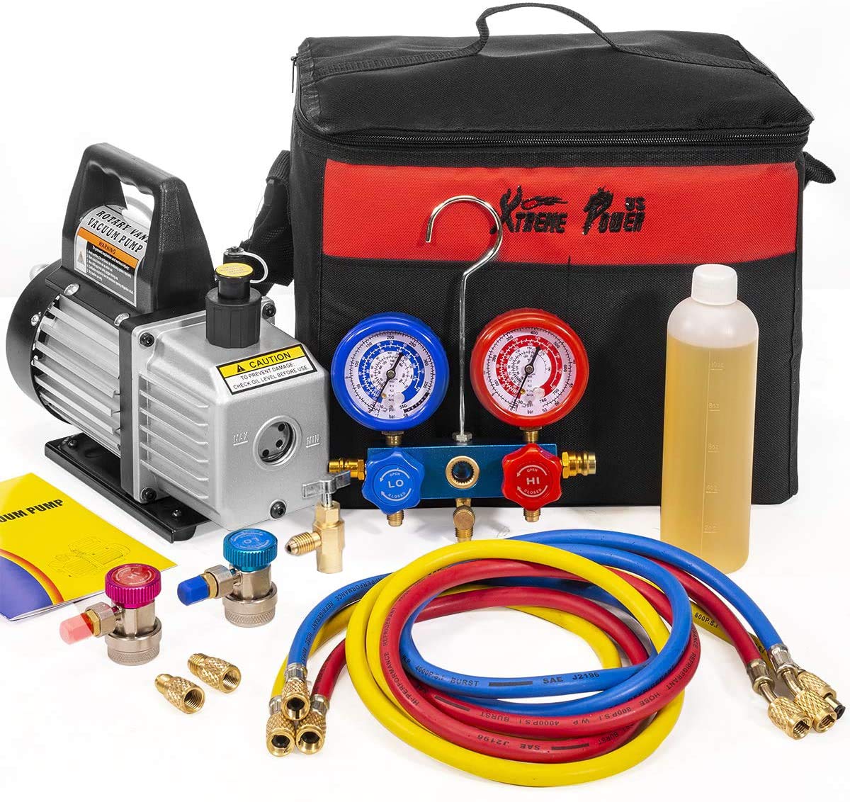 مضخة تفريغ الهواء XtremepowerUS HVAC بقوة 3 CFM و 1/4 حصان (R134a R12 R22 R410a) ومقياس ضغط تكييف الهواء (AC Manifold Gauge) وصنبور علب التبريد R134 وحقيبة حمل