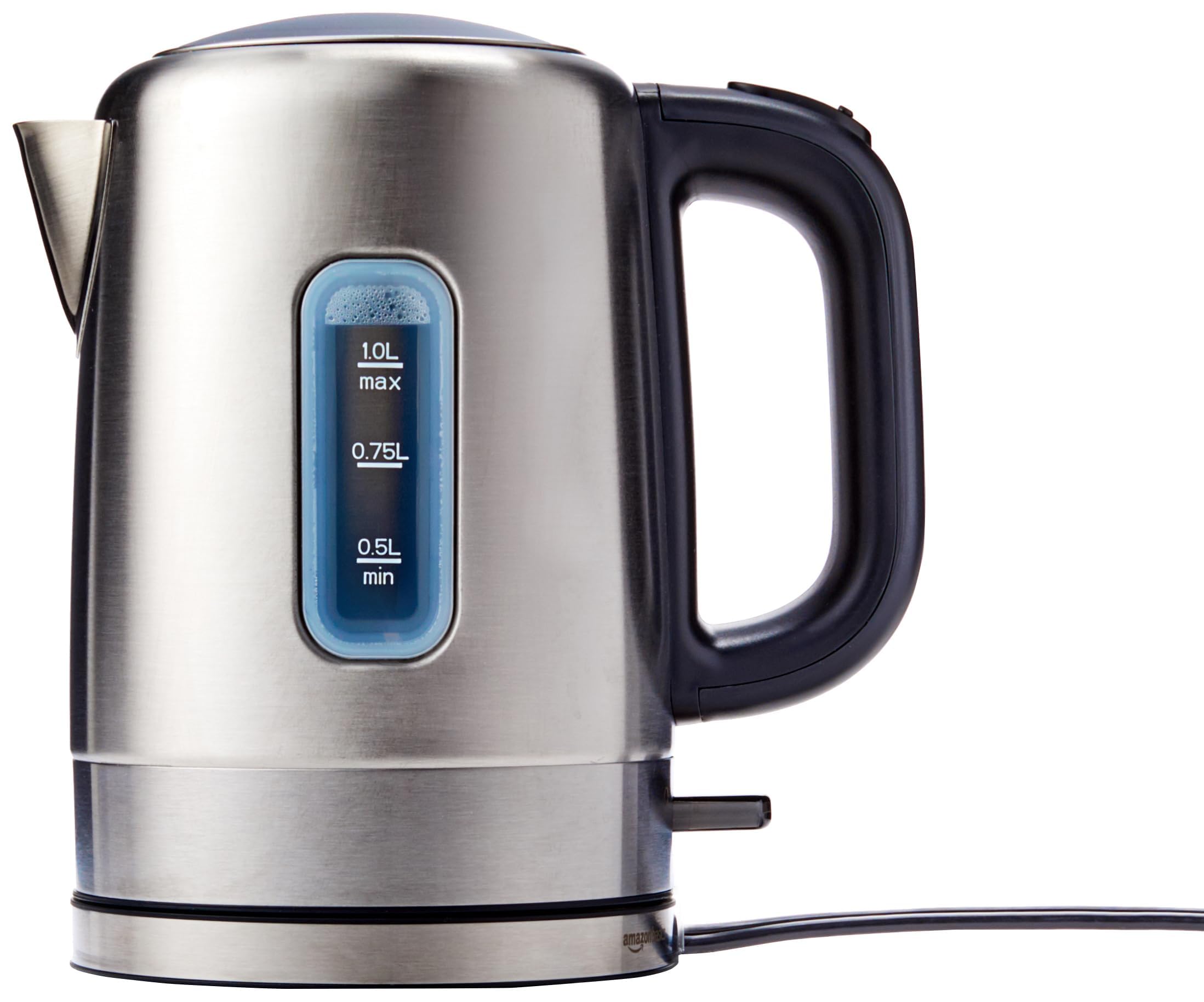 Basics Electric Stainless Steel Kettle for Tea and Coffee, BPA-Free, Fast Boiling, Auto Shut-Off, 1.1 Quarts, 1500W, Black and Silver