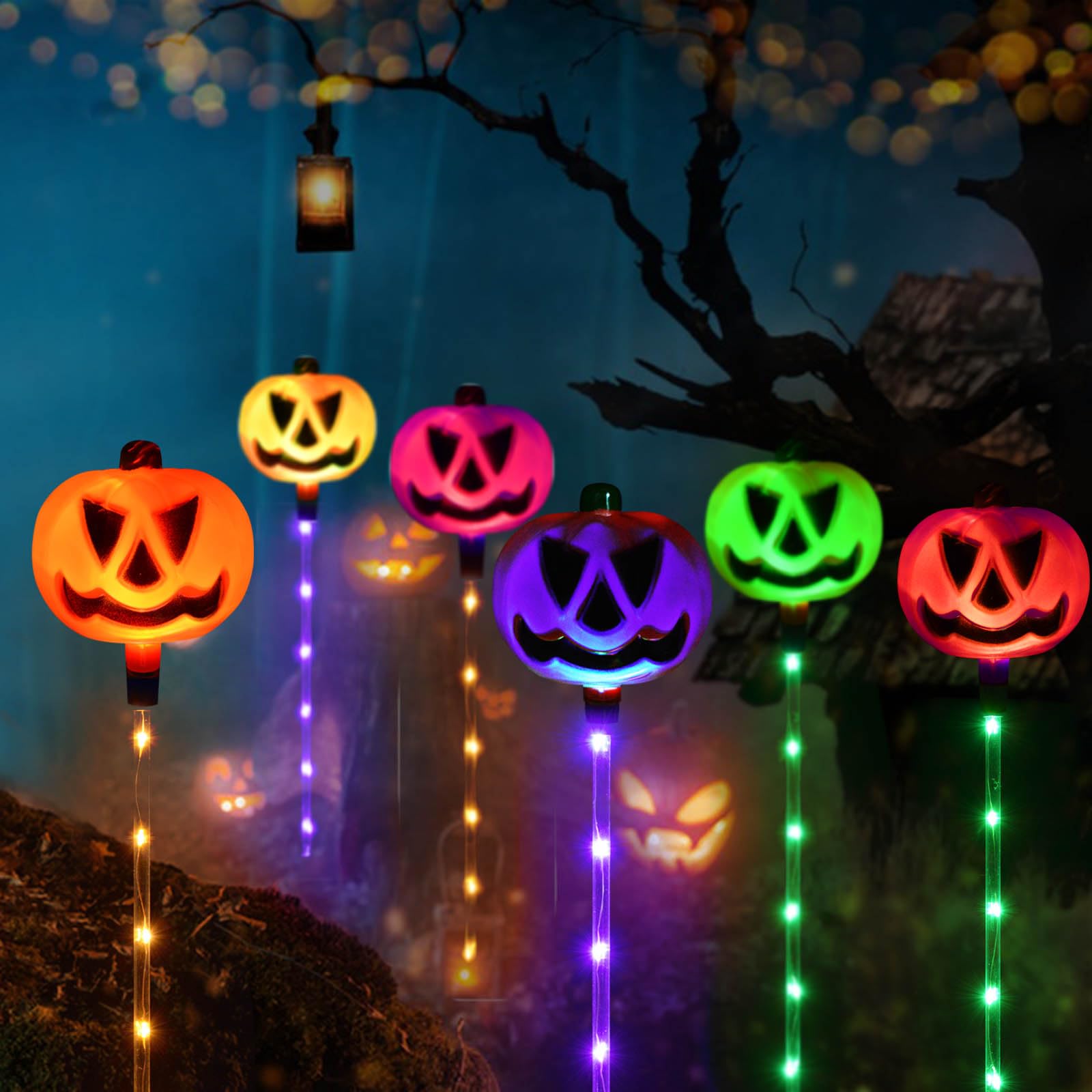 Homeleo Set of 6 Solar Pumpkin Pathway Lights for Halloween Decorations Outdoor, Color Changing Outdoor Lights, Light up Jack O Lantern Pumpkins Party Porch Yard HLD578