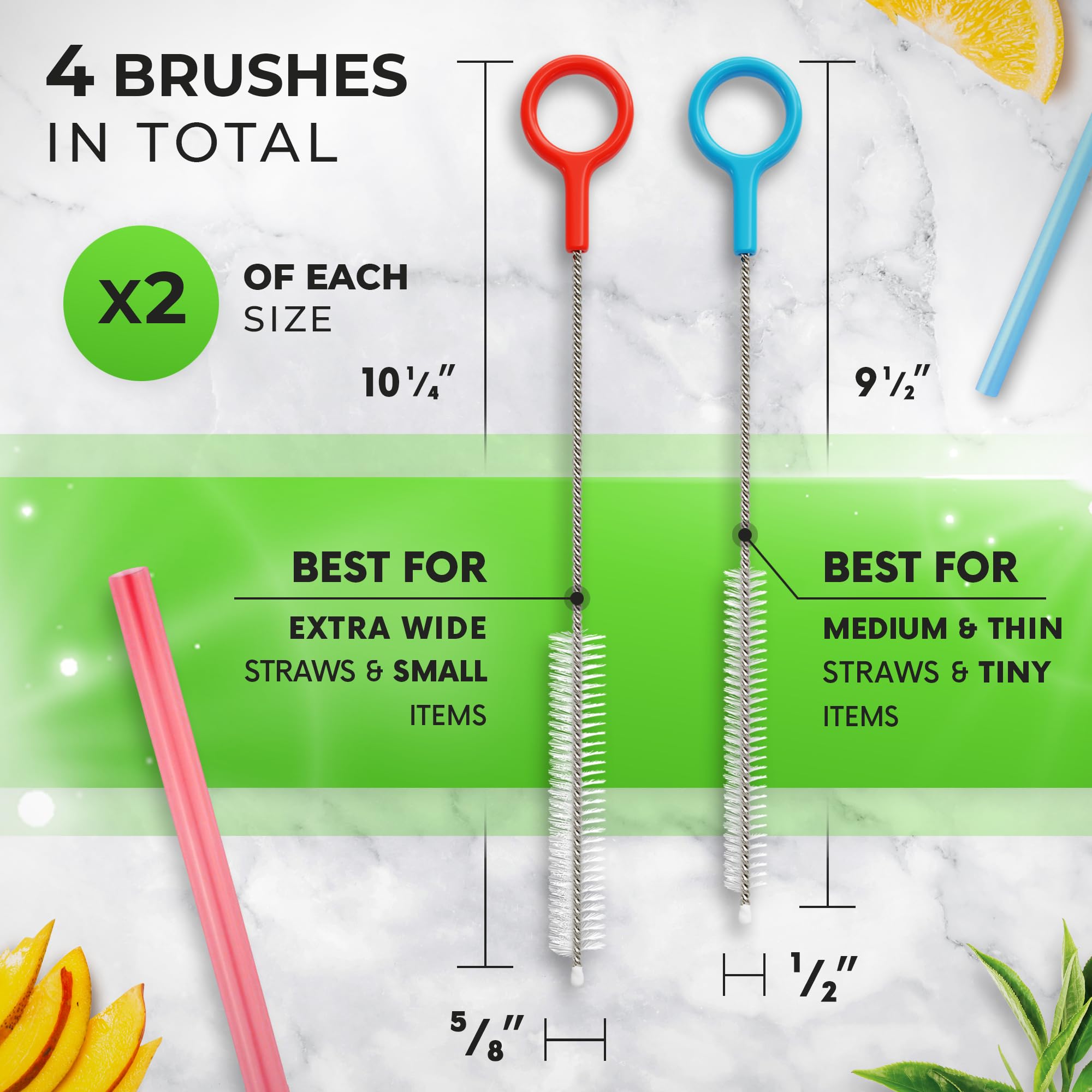 Buenalife Heavy Duty Cleaning Brushes Set of 4 - Extra Long Straw Cleaners for Metal and Plastic Reusable Drinking Straws, to Clean Small Spaces, Sippy Cups, Water Bottles - Sturdy Hard Brush Bristles