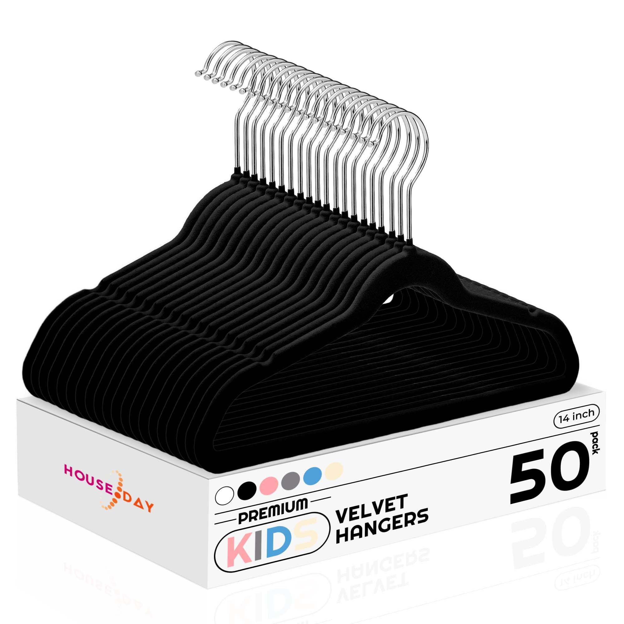 HOUSE DAY 14 Inch Kids Velvet Hangers 50 Pack, Durable Big Kid Hangers for Youth, Teen, Non Slip Kids Felt Hanger, Cute Childrens Hanger for Closet, Black