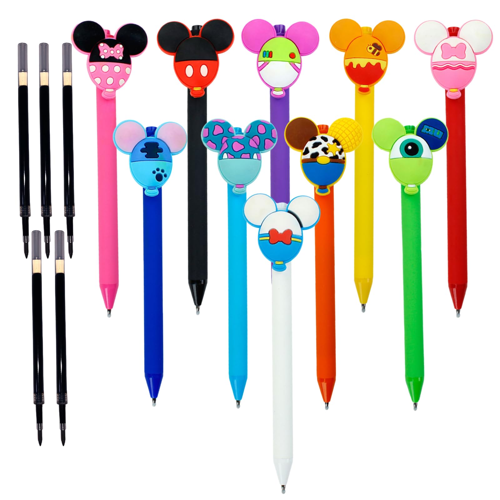 APQA 10pcs Mouse Head Character Ears Pens Set, Retr ctable Ballpoint Pen, Multi Color Jumbo Autograph Princess Pencil Signature Office Desk Stationary Accessories, Gift for Teacher Student