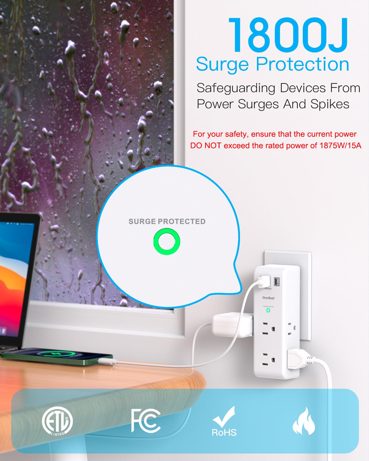 Surge Protector Outlet Extender with Rotating Plug - One Beat 6 AC Multi Plug Outlet with 3 USB Ports (1 USB C), 1800J Wall Charger, 3-Sided Power Strip Spaced Outlet Splitter for Home Office Travel