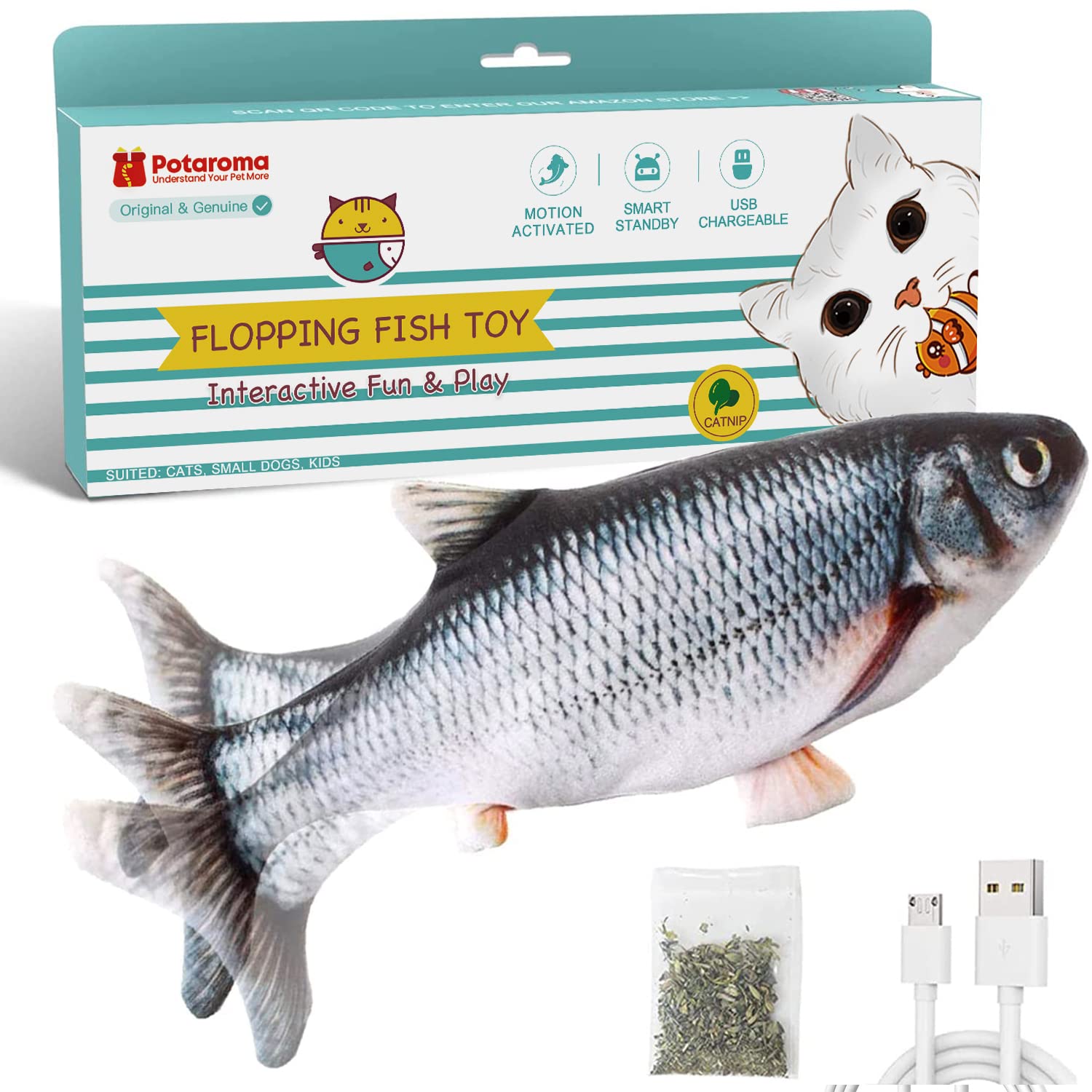 Potaroma Cat Toys Flopping Fish with Catnip, Moving Kitten Kicker, Floppy Wiggle Carp for Small Dogs, Interactive Motion Kitty Exercise, 10.5 Inches