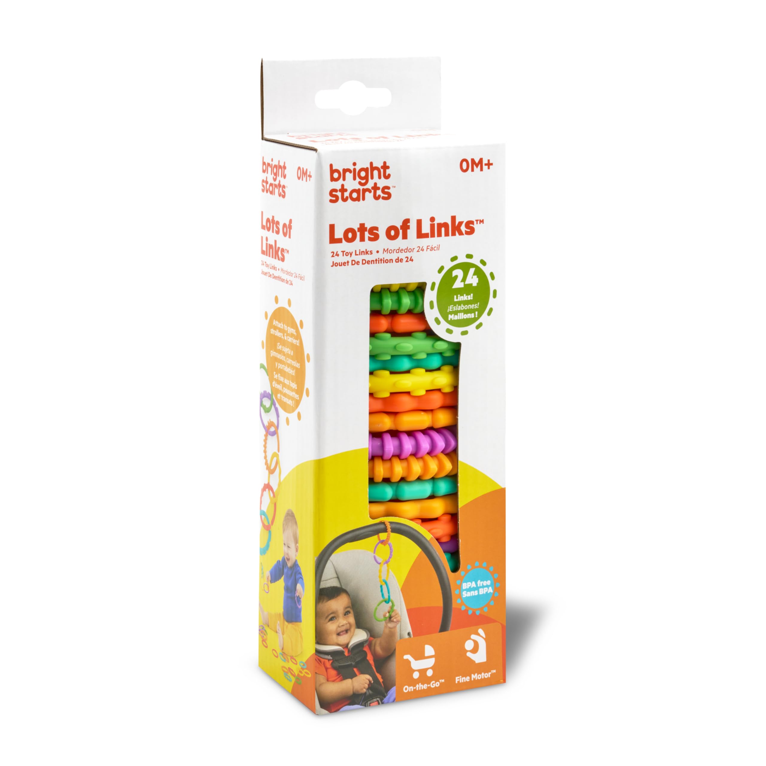 Bright Starts الكثير من حلقات ربط الألعاب لعربة الأطفال أو مقعد الحامل، خالية من مادة BPA، للأعمار 0 أشهر فما فوق، متعددة الألوان، 24 قطعة