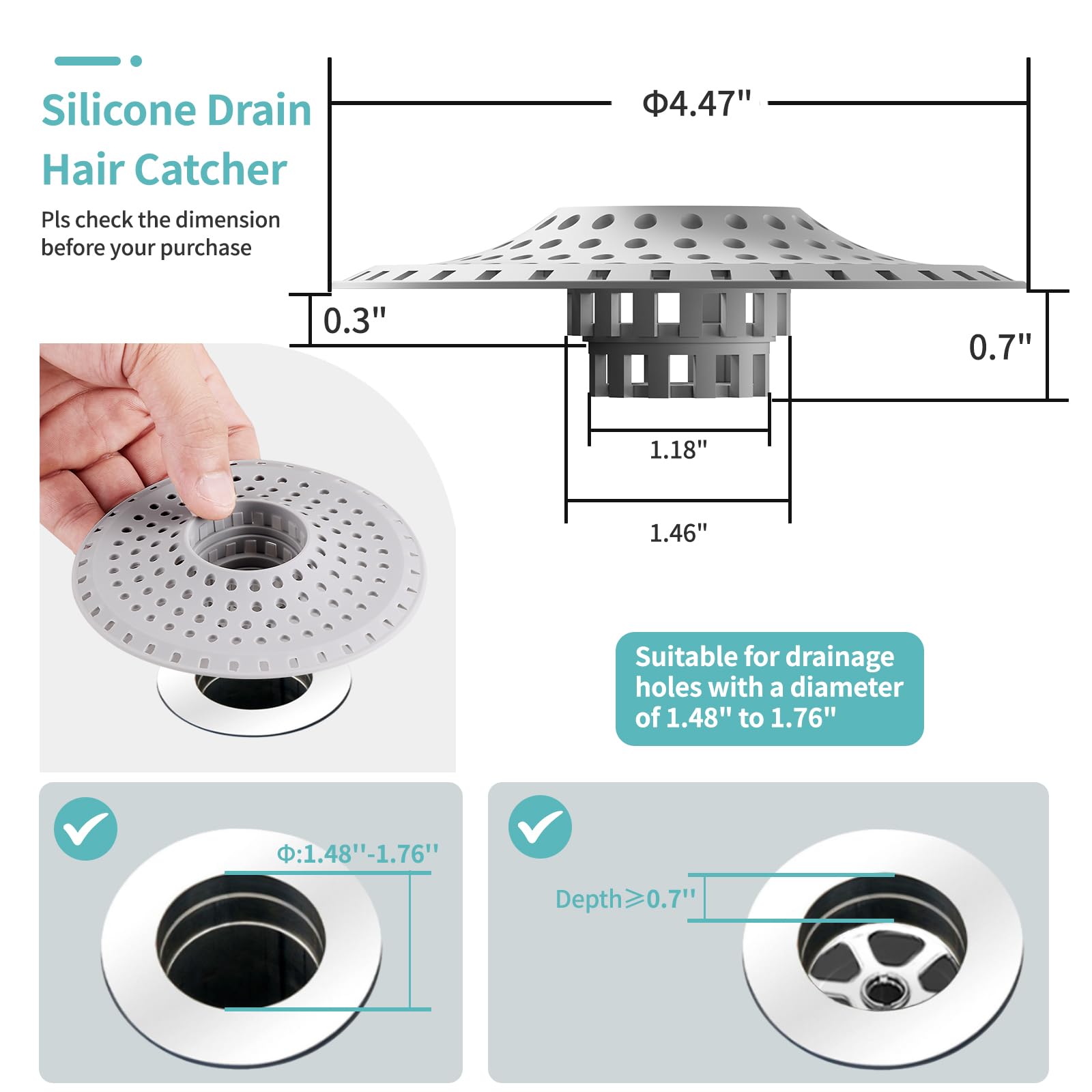 Aluvor Bathtub Drain Hair Catcher,Silicone Tub Hair Catcher Drain Protector,All-in-one Shower Hair Drain Catcher Strainer for 1.48'' to 1.76'' Regular Drains, 3PCS(Patent Pending)