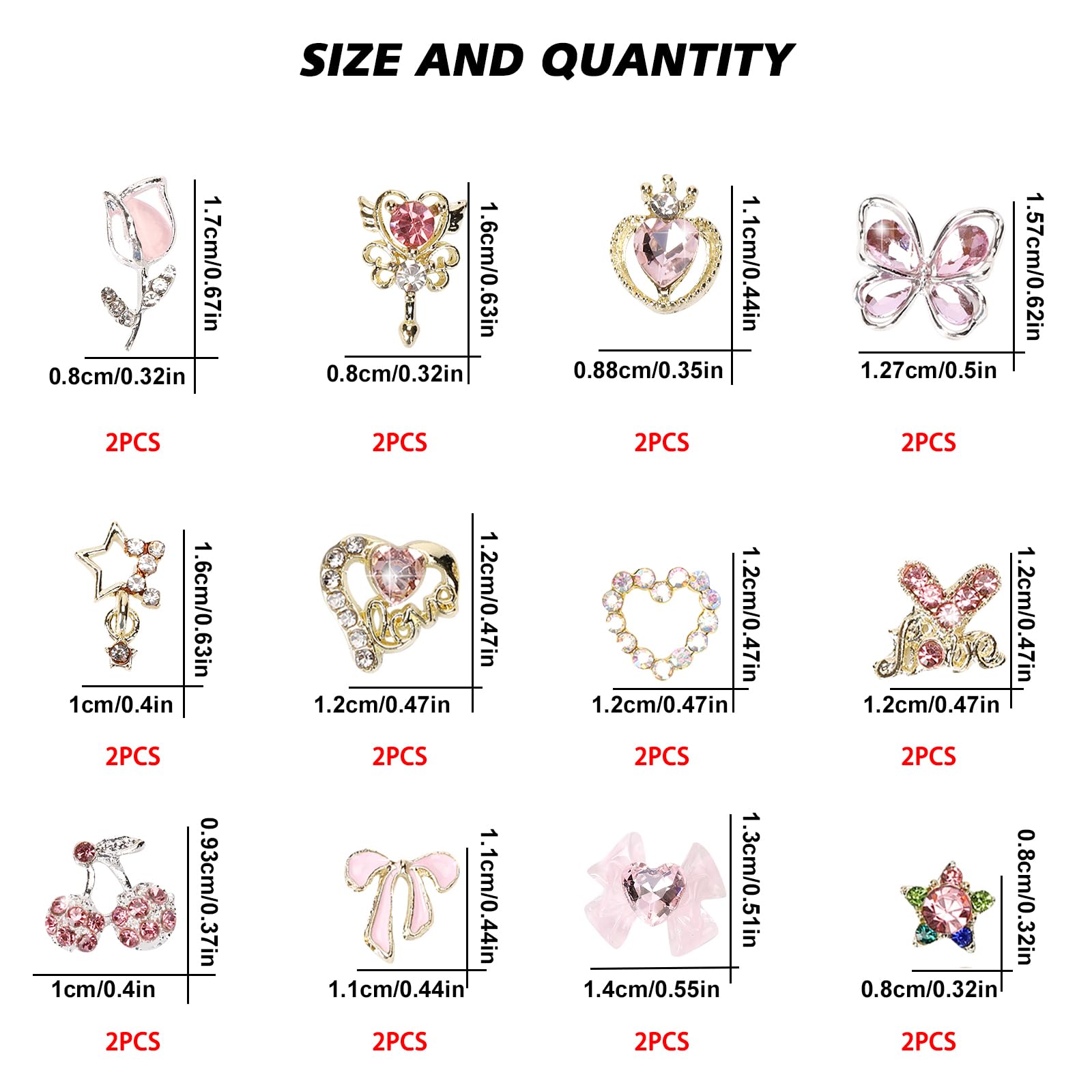 CUBLIVE 24PCS Nail Charms Y2k Alloy Nail Art Rhinestone Charms 3D Heart Star Bow with Rhinestones Cherry Nail Gems Shiny Jewelry Nail Decorations Accessories Supplies (AD24)