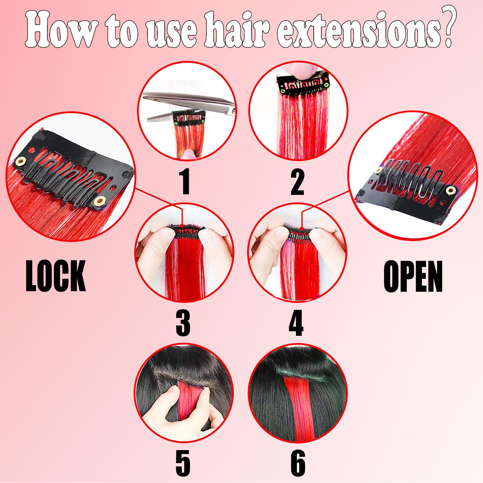 Olldag 12 PCS Red Hair Extensions Clip in, 22 Inch Colored Hair Extensions Party Highlights Long Straight Synthetic Hairpieces for Women Kids Girls Cosplay