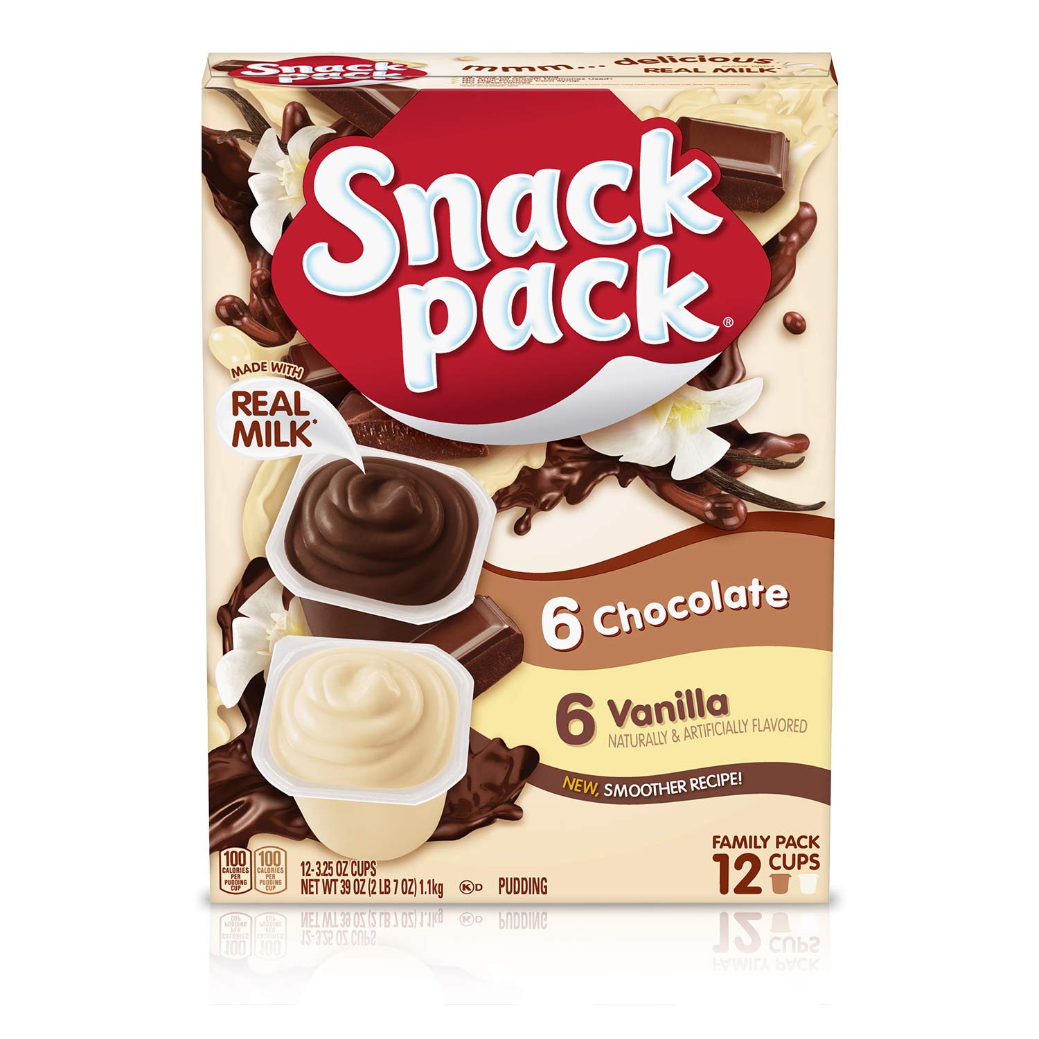 Snack Pack أكواب بودنغ الشوكولاتة والفانيليا، حجم عائلي، وجبة خفيفة للغداء، 12 عبوة (حزمة واحدة)