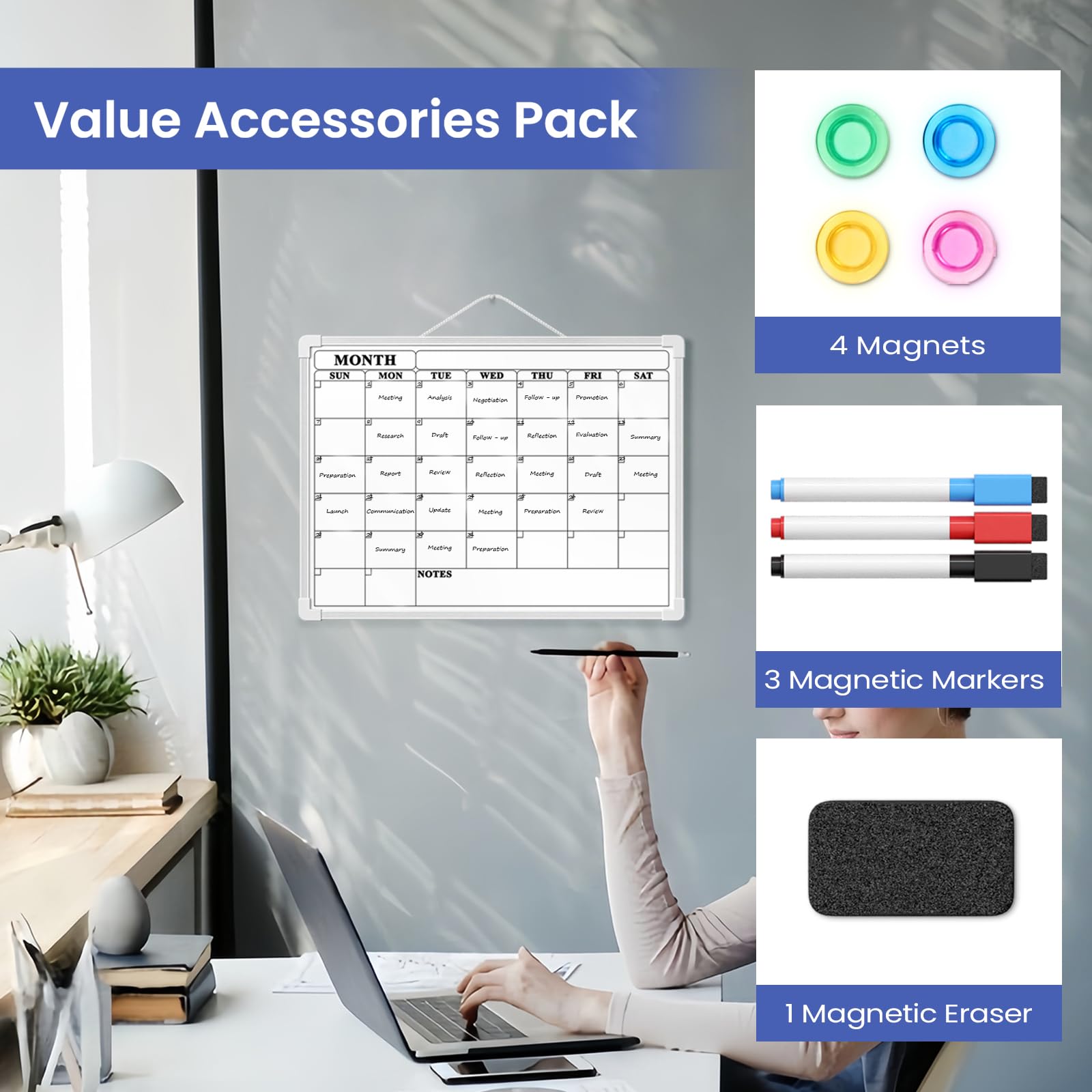 Lumspax Monthly Whiteboard Calendar for Wall, Small 16" x 12" Dry Erase Board with Plastic Frame, Hanging Dry Erase Calendar for Kitchen Planner, Memo, Office