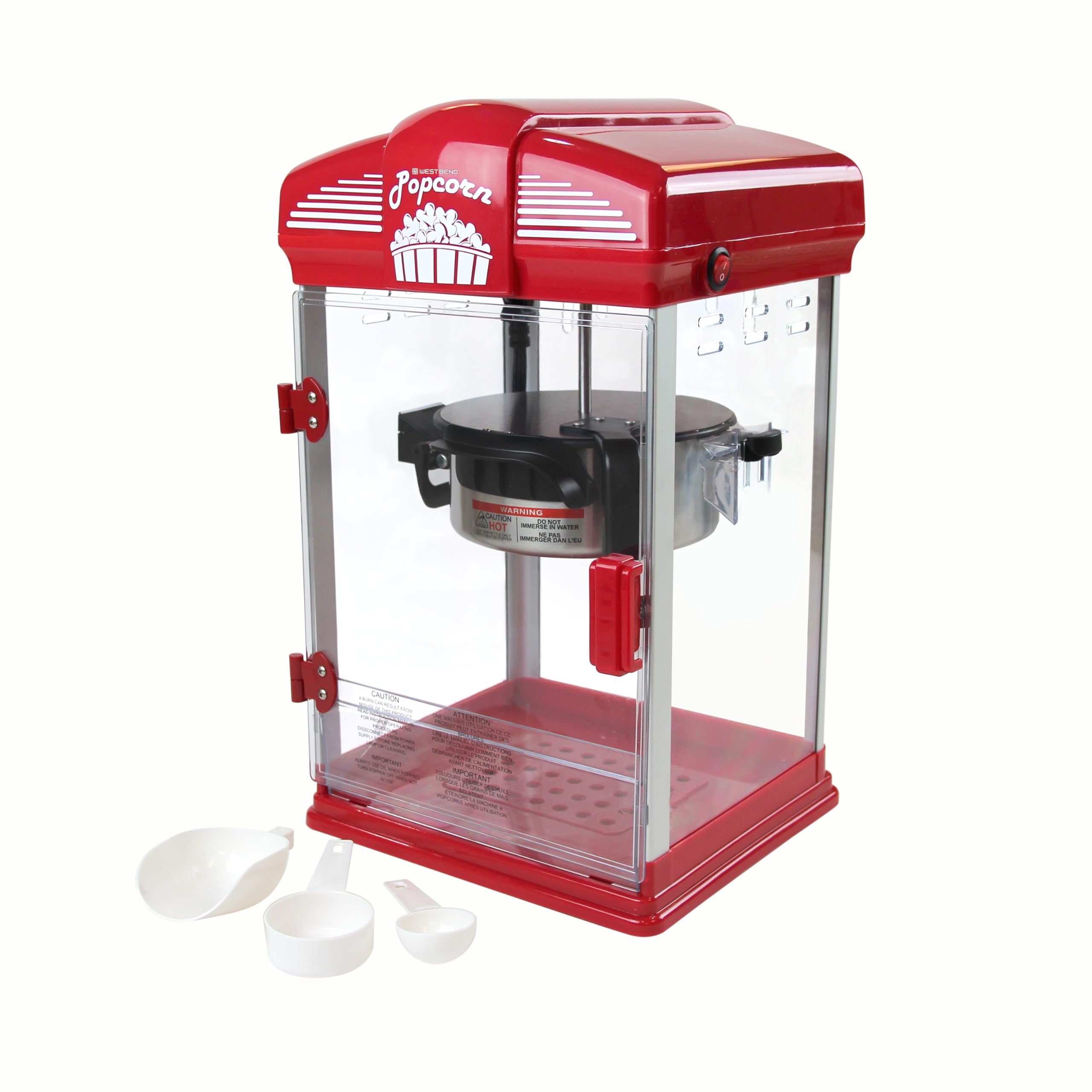 West Bend Stir Crazy Movie Theater Popcorn Popper, Gourmet Popcorn Maker Machine with Nonstick Popcorn Kettle, Measuring Tool and Popcorn Scoop for Popcorn Machine, 4-Qt., Red