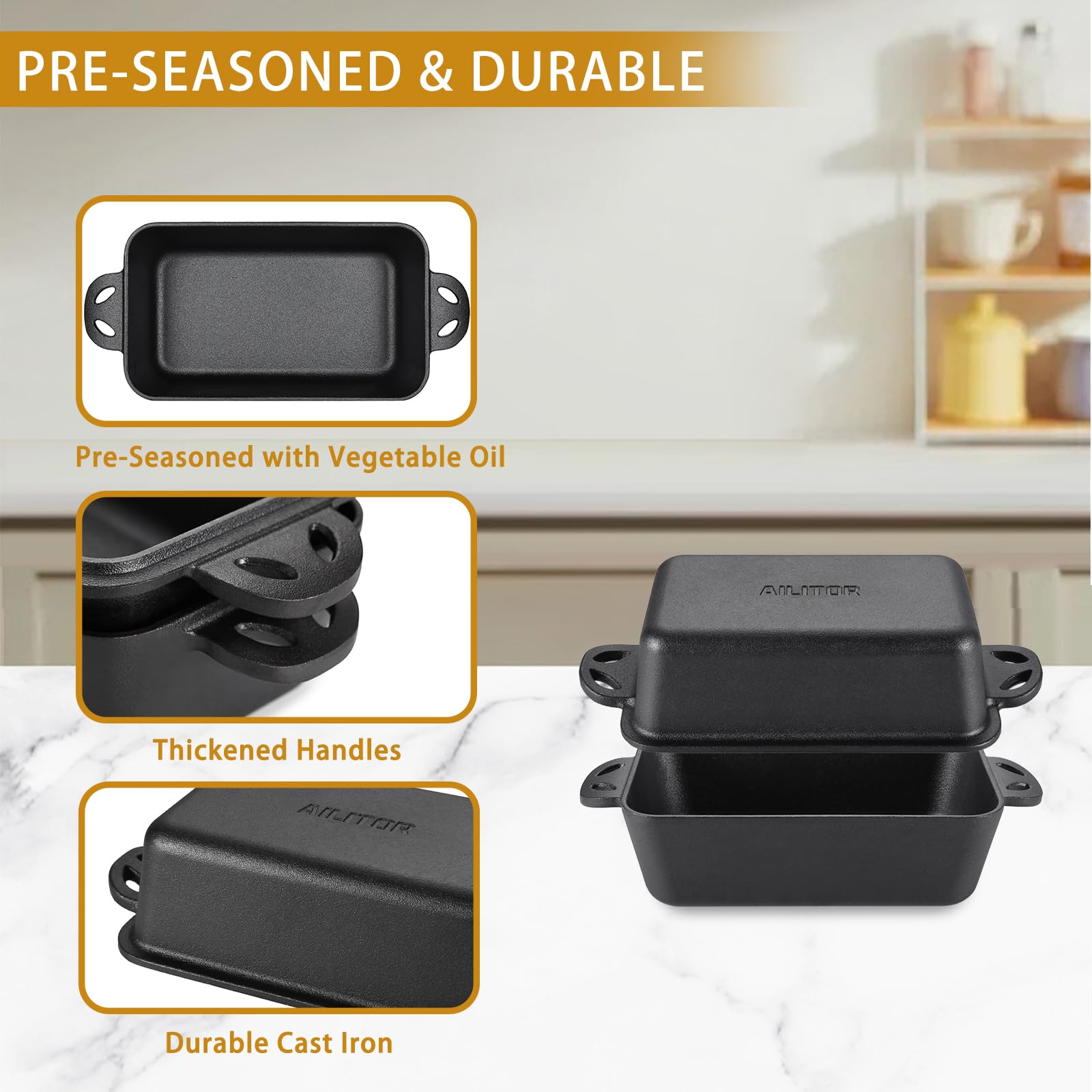 AILITOR Cast Iron Loaf Pan with Lid 9x5 Inch - Bread Baking Pans for Homemade Bread, 2 Piece Set