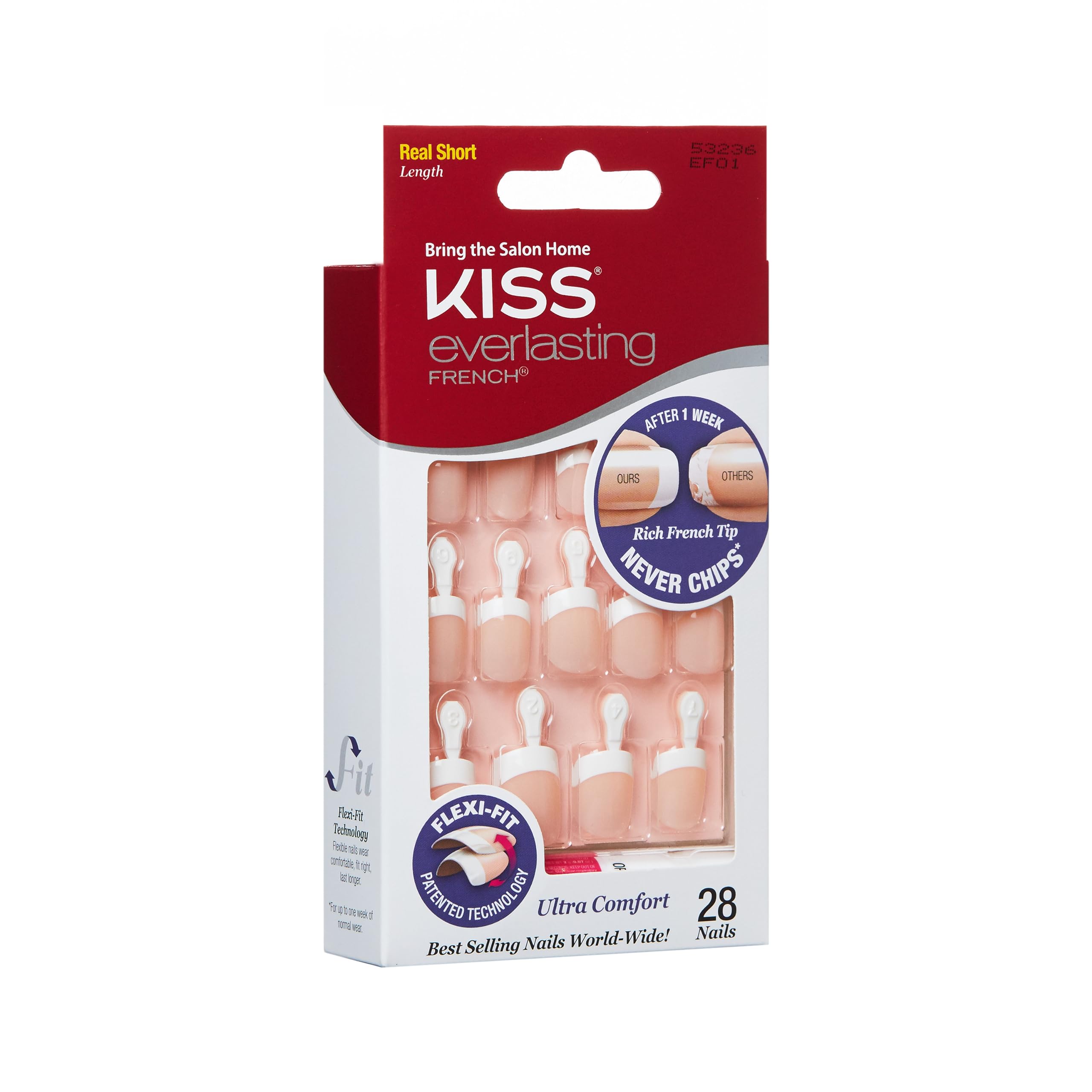 Kiss Everlasting French Nail Manicure, Chip-Free with Flexi-Fit Technology, Real Short, "Endless", Nail Kit with Pink Nail Glue (Net Wt. 2 g / 0.07oz.), Mini File, Manicure Stick, and 28 Fake Nails